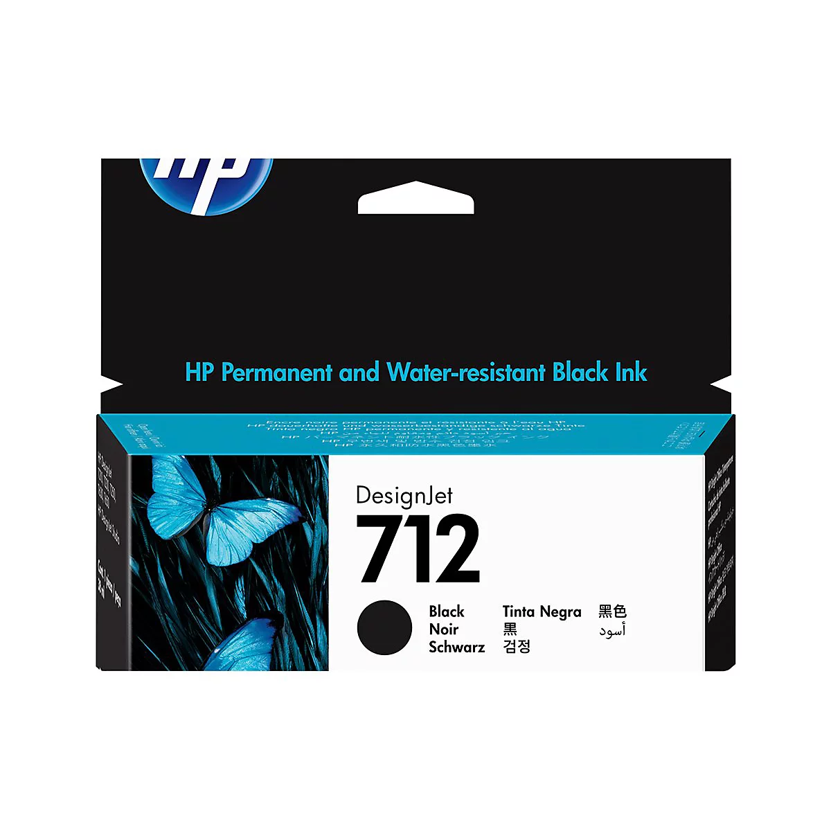 Schwarze HP DesignJet 712 Tintenpatrone mit Produktaufdruck, Text, und Schmetterlings-Grafik.