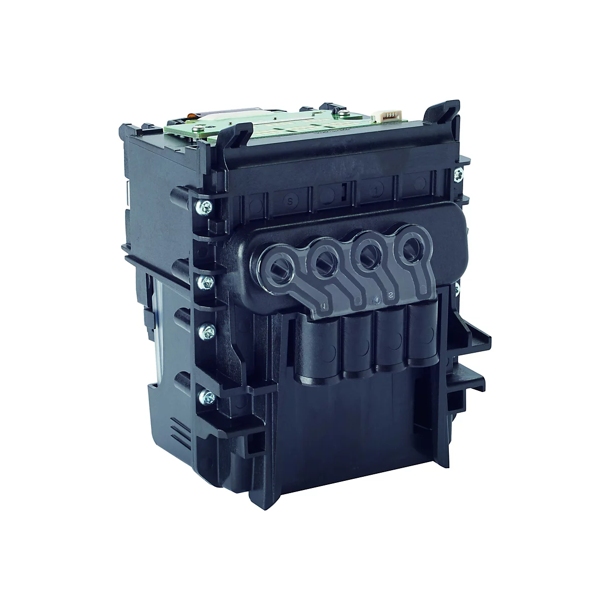 Schwarzer Druckerteil mit Steckern, Röhrchen und Schrauben. Auf weißem Hintergrund. Verschiedene Kennzeichnungen.