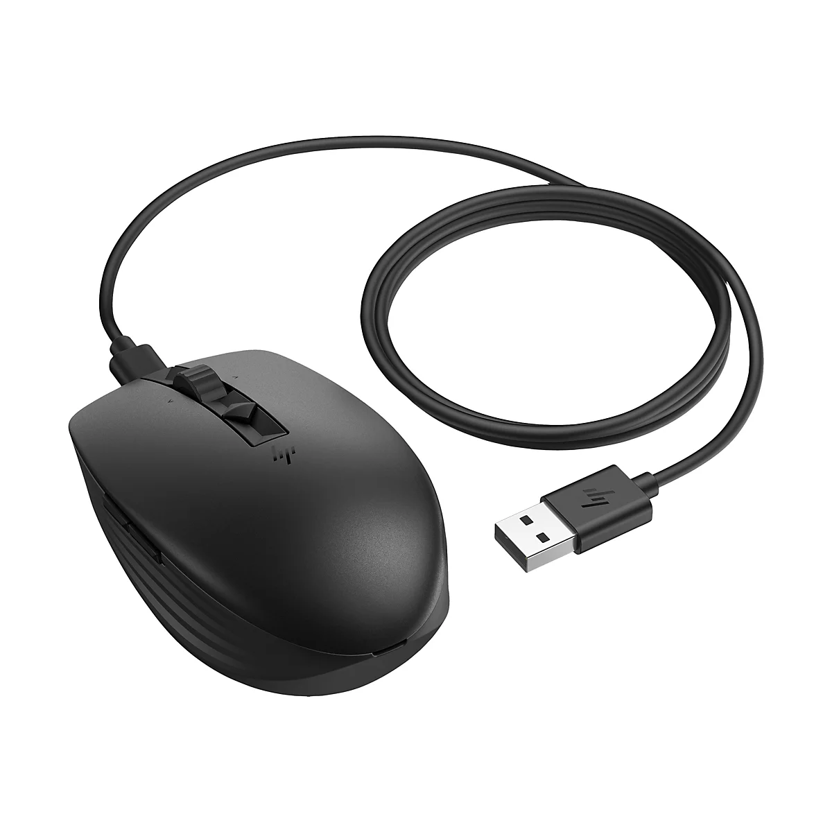 Schwarze Maus mit Kabel. Sie hat eine Scrollrad und einen USB-Anschluss.