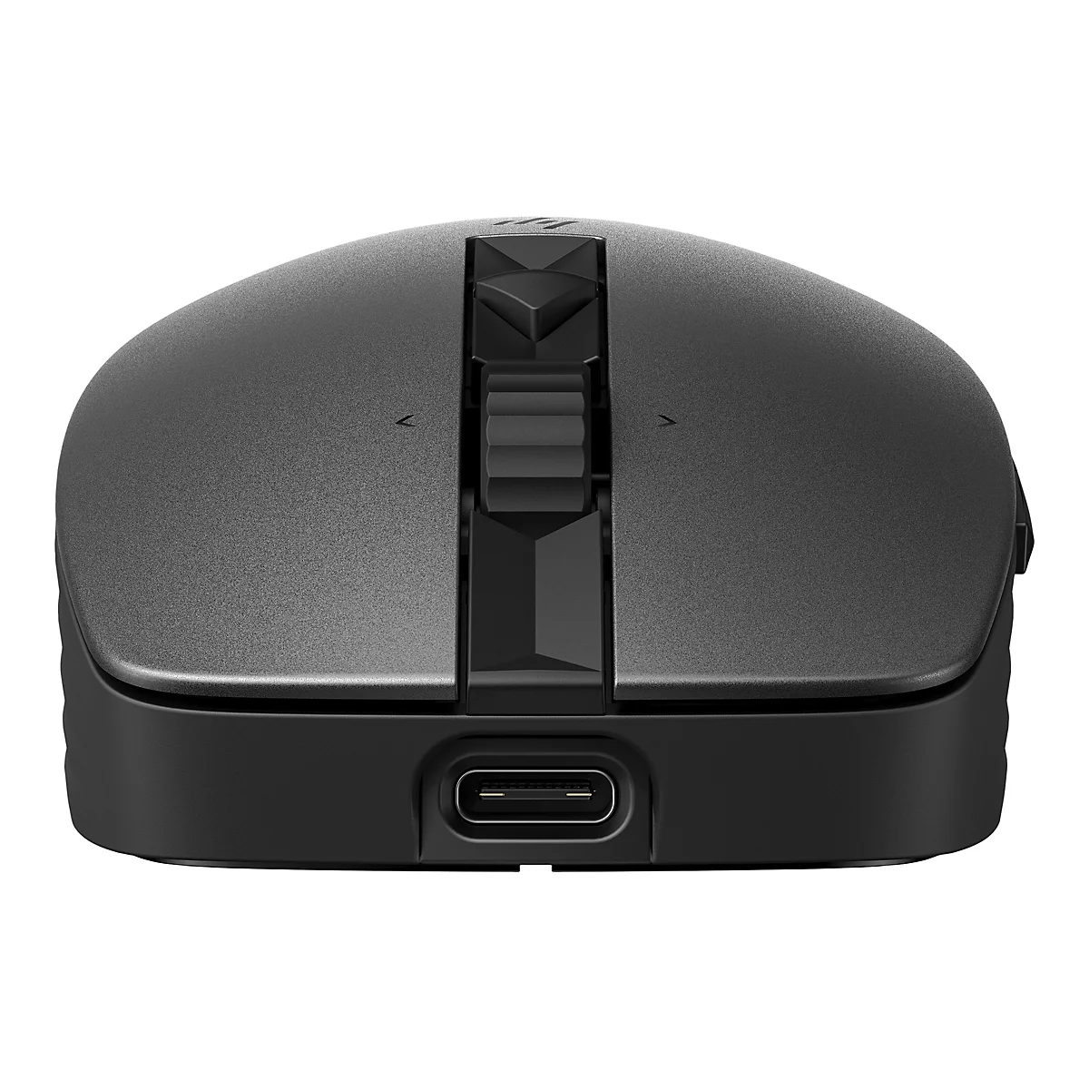 Draufsicht auf eine schwarze Computermaus mit hervorstehendem Scrollrad und USB-C-Anschluss.