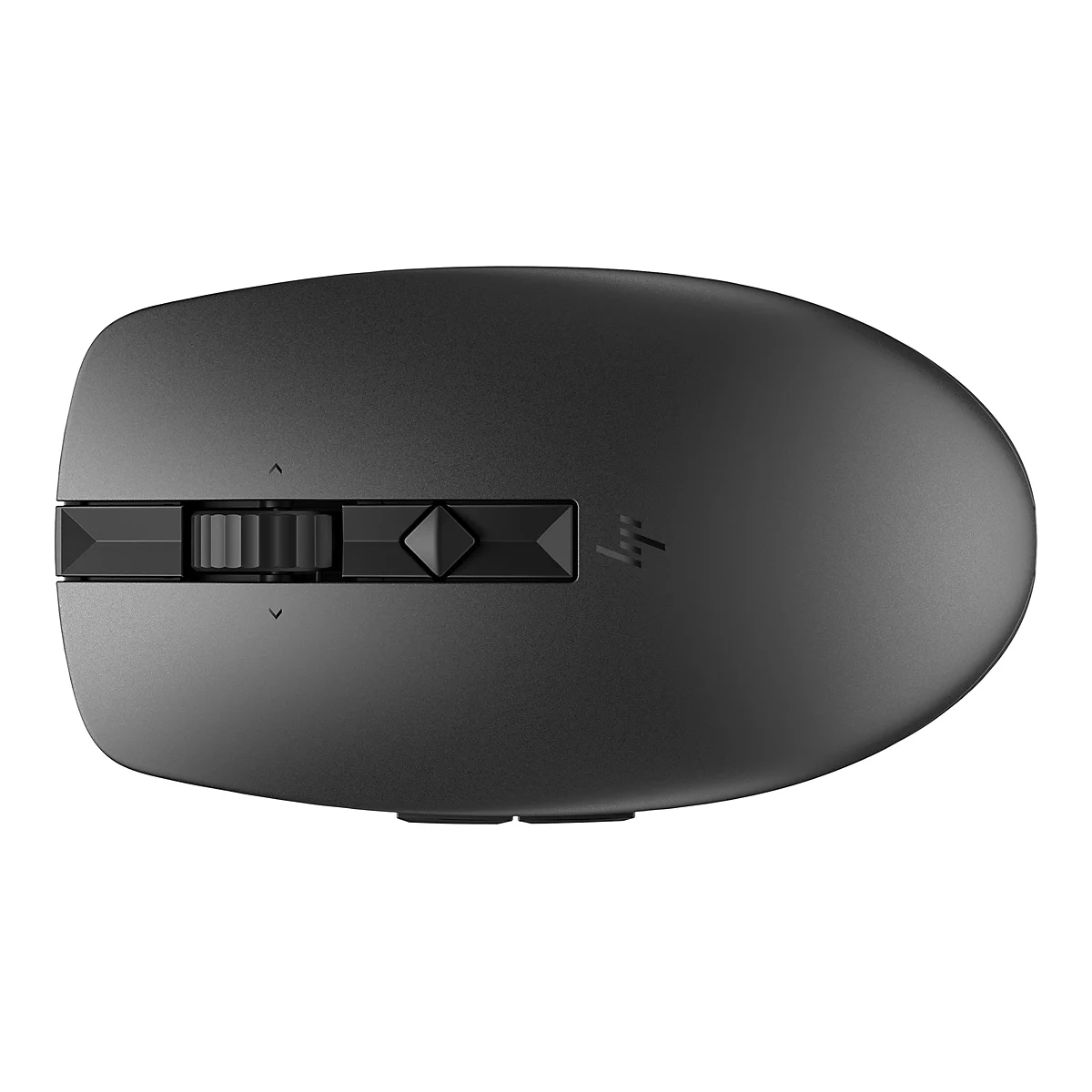 Draufsicht auf eine schwarze Computermaus. Mittig befinden sich ein Scrollrad, eine Taste und das HP-Logo.