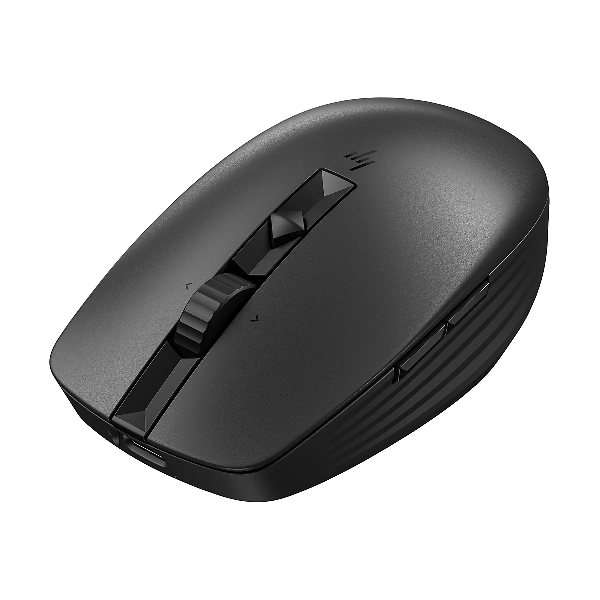 Schwarze Computermaus, Detailansicht mit Scrollrad und Tasten.