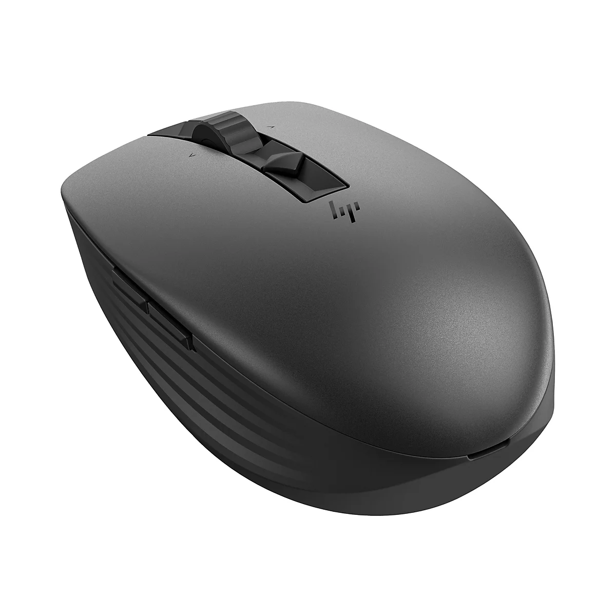 Graue Maus mit Scrollrad und HP-Logo. Auf hellem Grund.