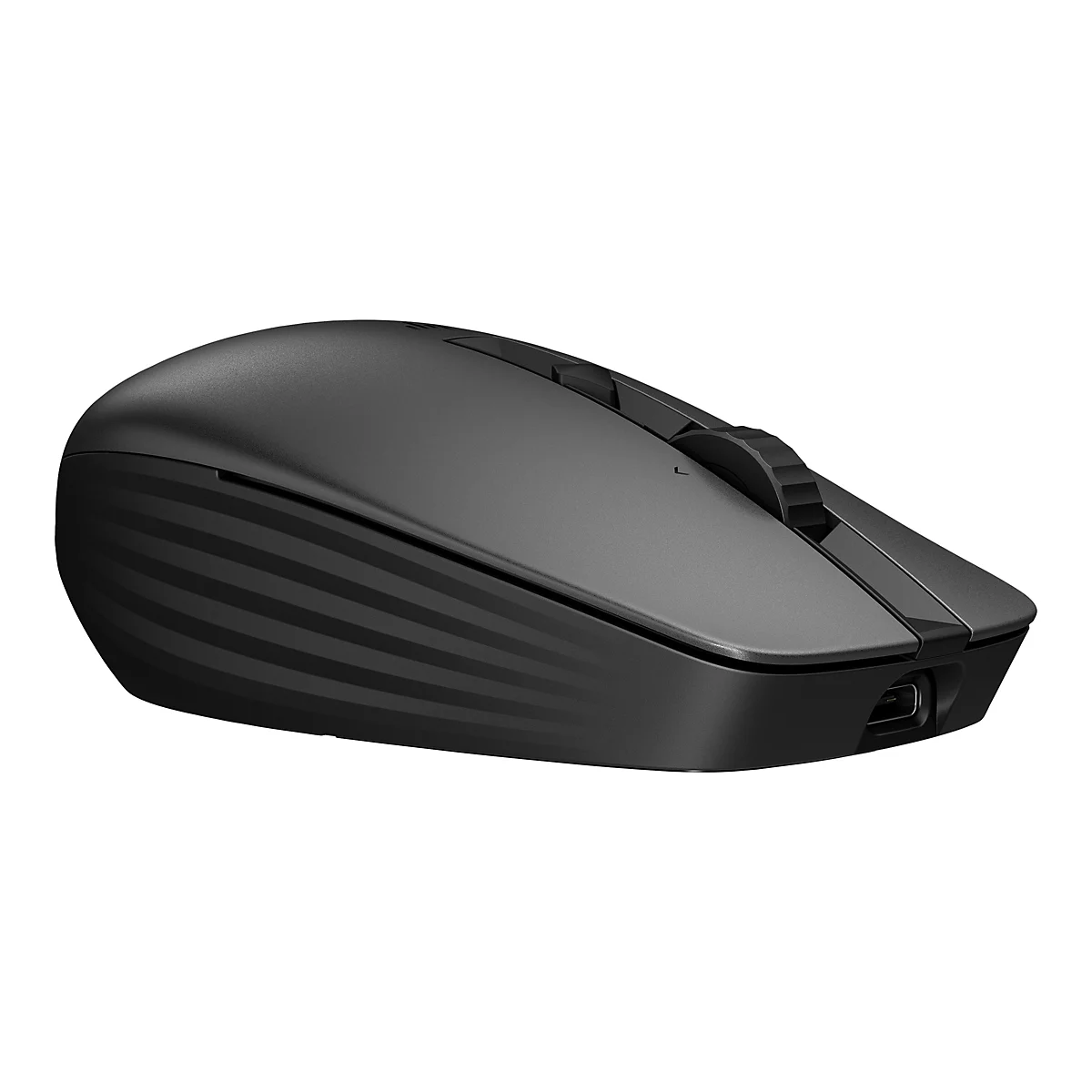 Schwarze, ergonomisch geformte Maus mit Rollrad und seitlichen Rillen.