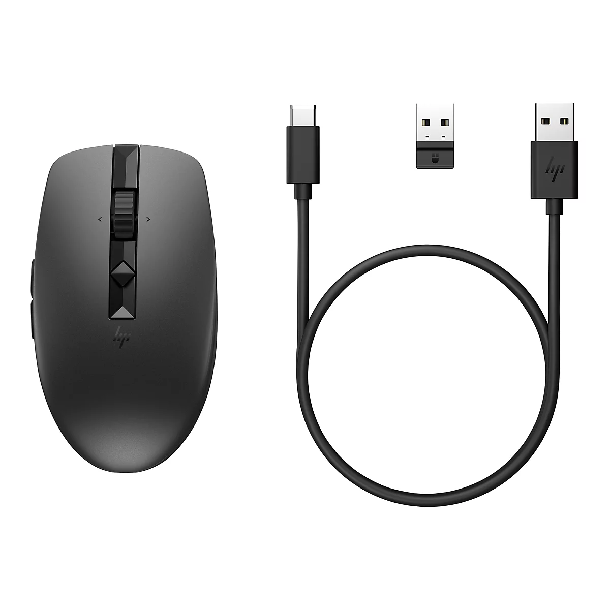 Drahtlose schwarze Maus mit USB-C Kabel, USB-EmpfÃ¤nger und USB-A Ladekabel.