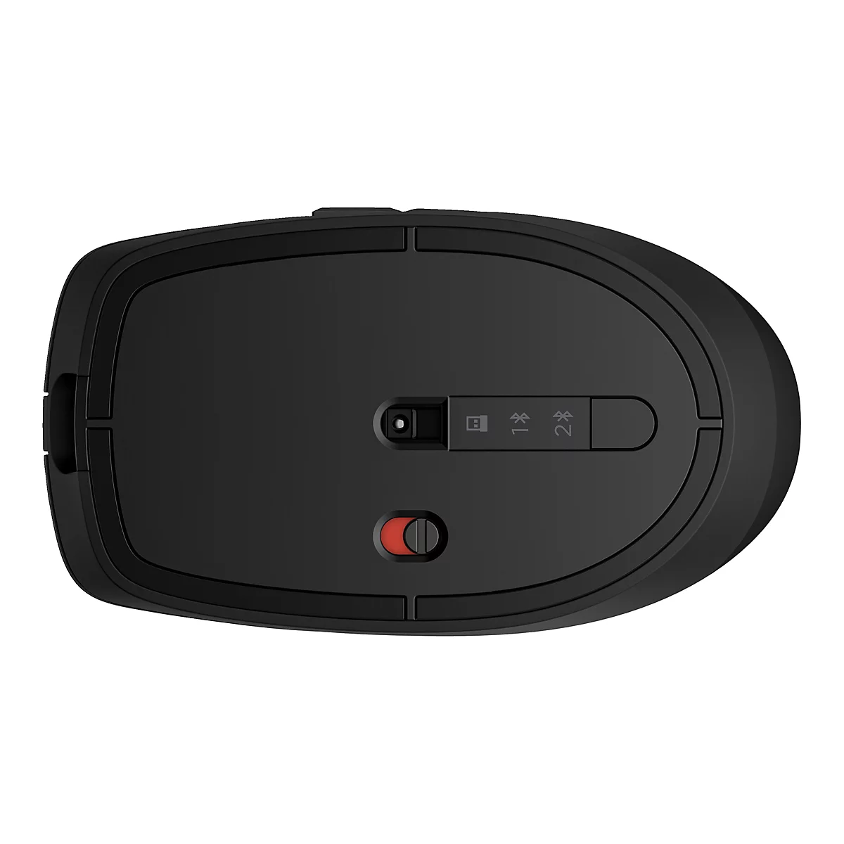 Draufsicht auf eine schwarze Maus. Auf der Unterseite befinden sich Schalter und ein roter Knopf.