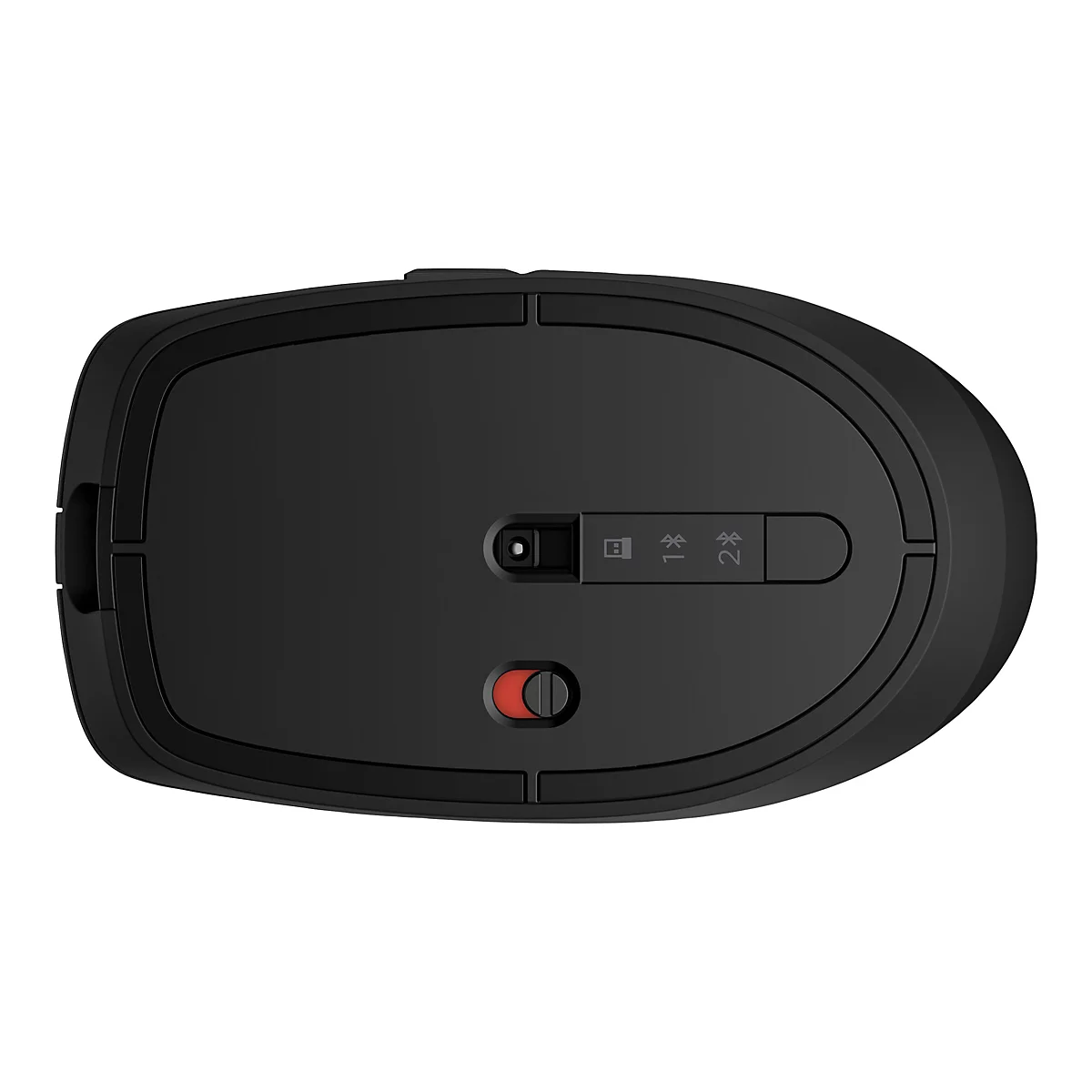 Draufsicht auf eine schwarze Maus. Auf der Unterseite befinden sich Schalter und ein Knopf in Rot.