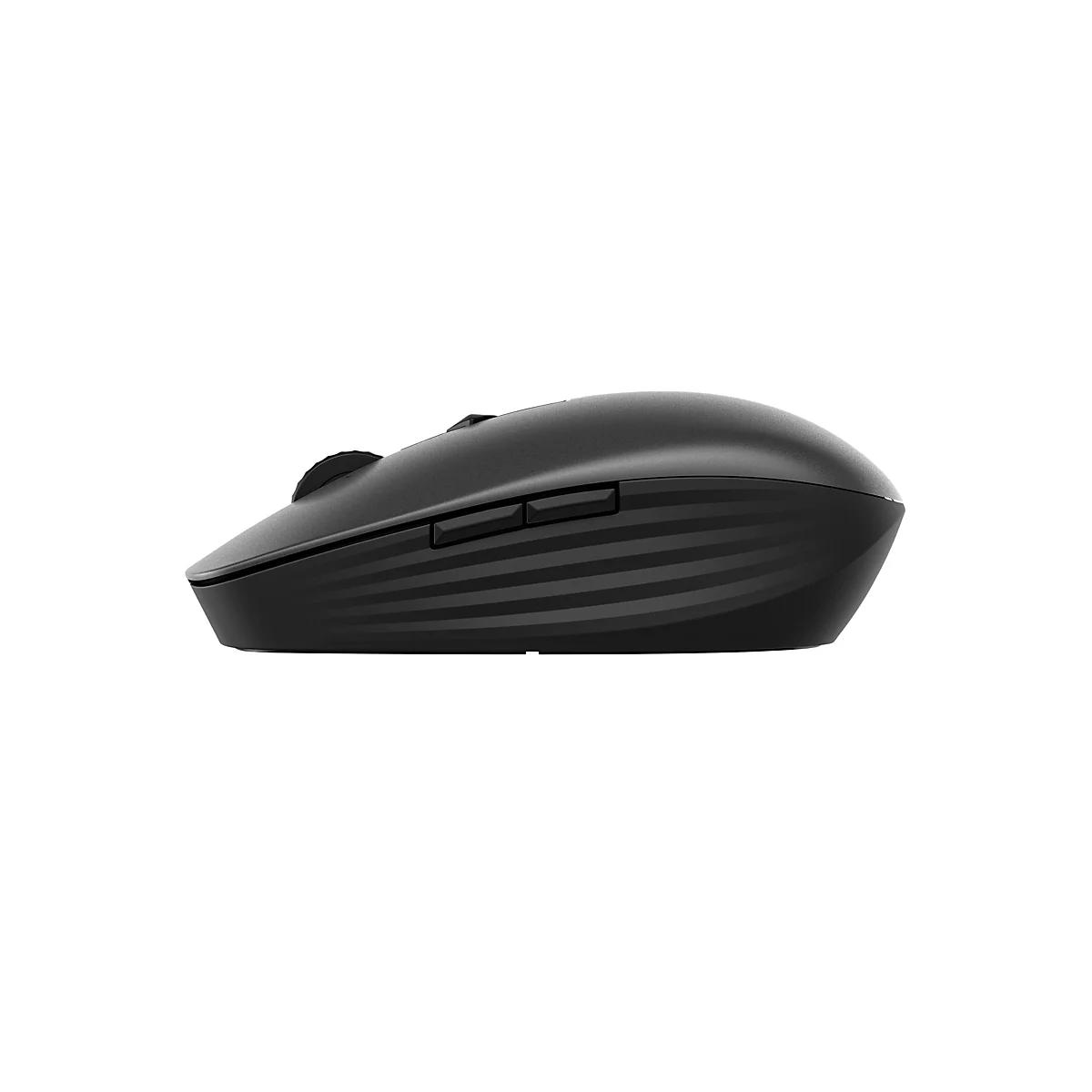 Schwarze Computermaus auf weißem Hintergrund. Die Maus hat eine ergonomische Form, ein Scrollrad und zwei Knöpfe.