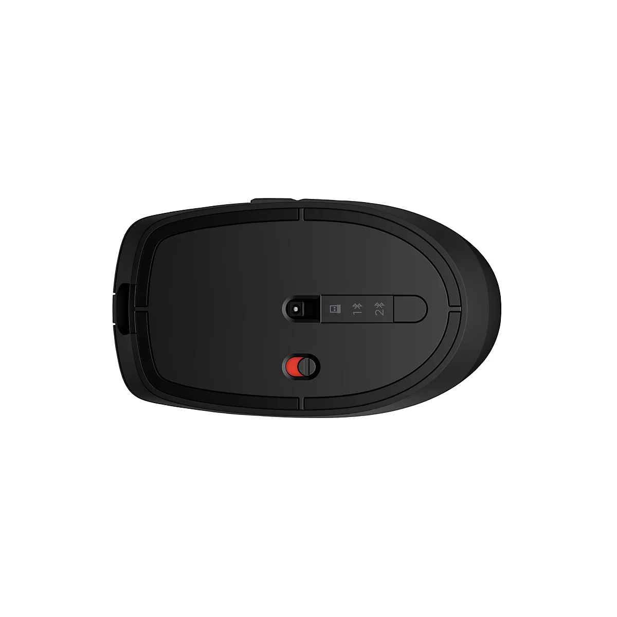 Draufsicht auf eine schwarze Maus. Auf der Unterseite befinden sich eine rote Taste und ein Schalter.