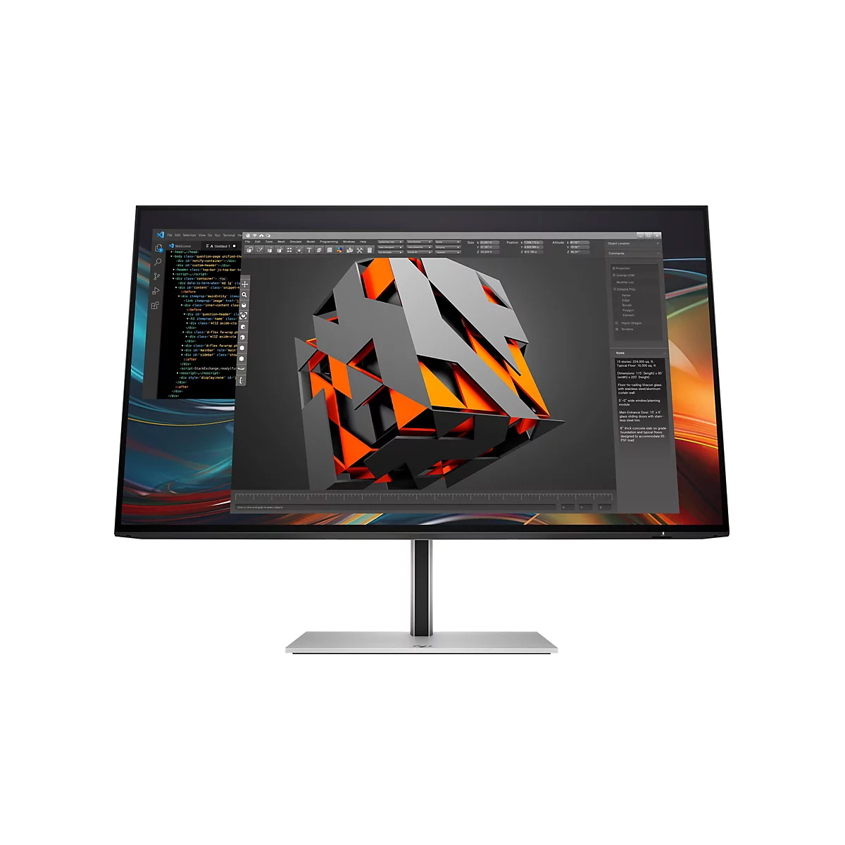 Ein moderner Monitor mit dünnem Rahmen zeigt eine 3D-Softwareoberfläche mit Code und grafischen Designelementen.