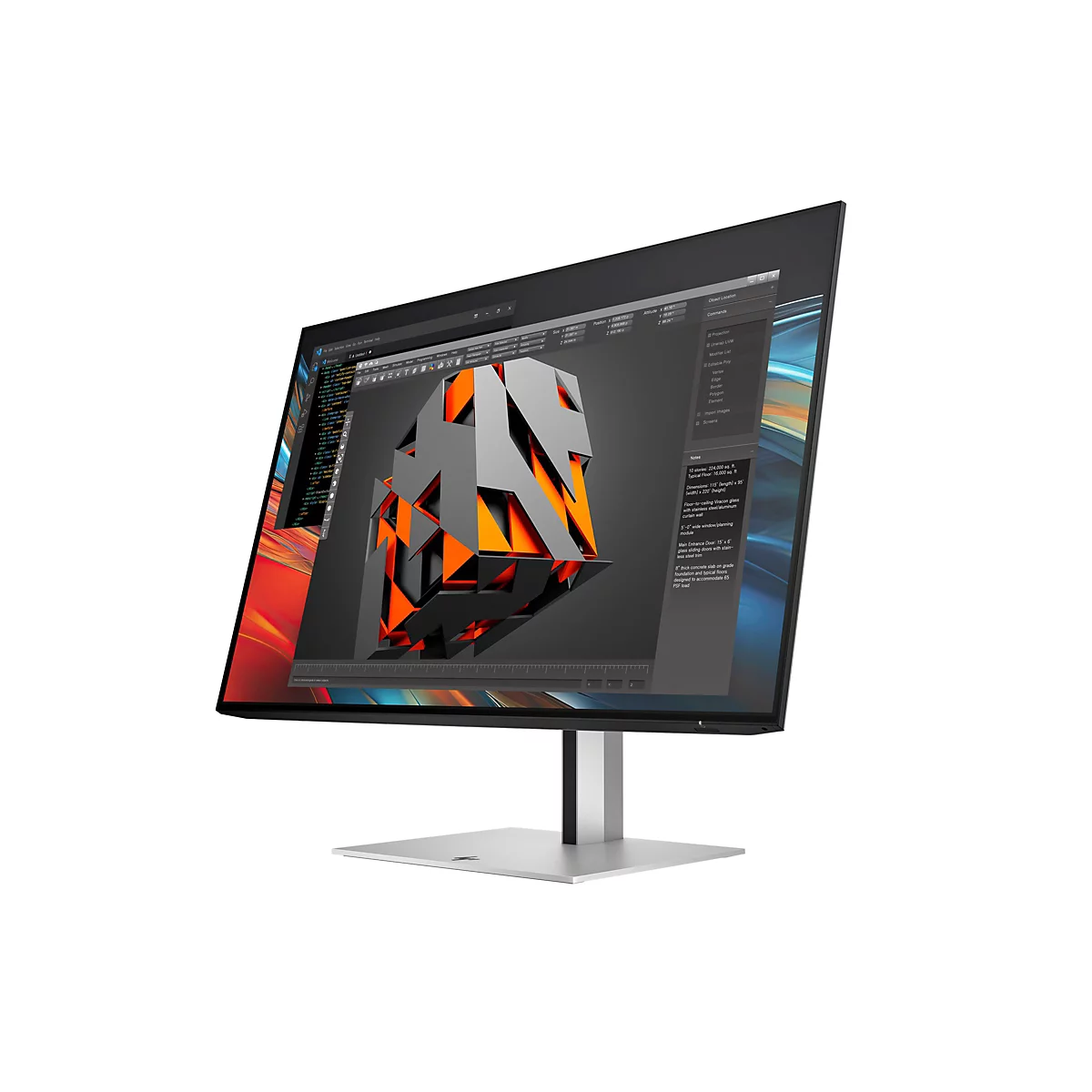 Moderner, schlanker Monitor auf einem silbernen Standfuß, der eine 3D-Design-Software mit technischer Grafik anzeigt.
