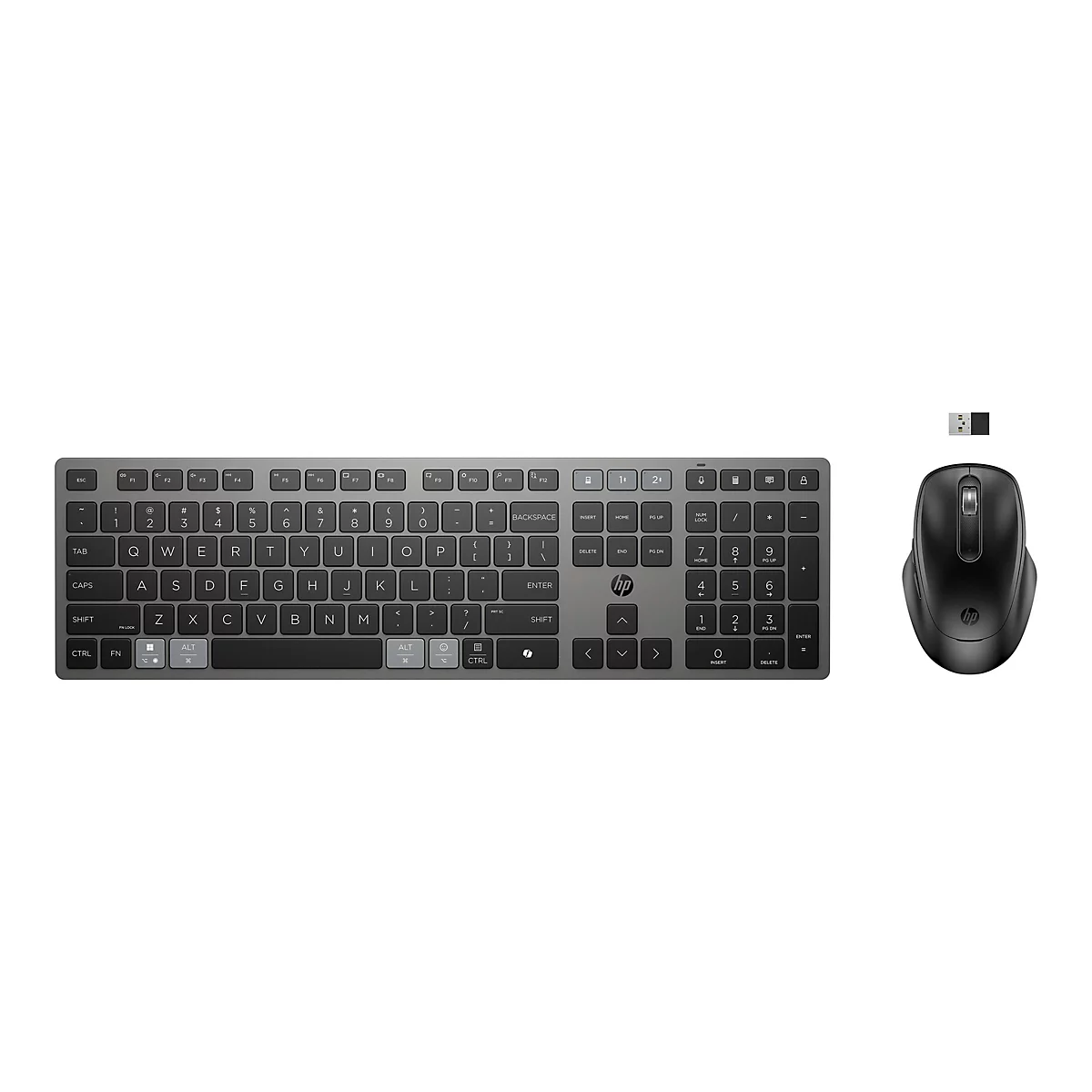Schwarze kabellose HP Tastatur mit Maus und USB-Empfänger auf weißem Hintergrund.