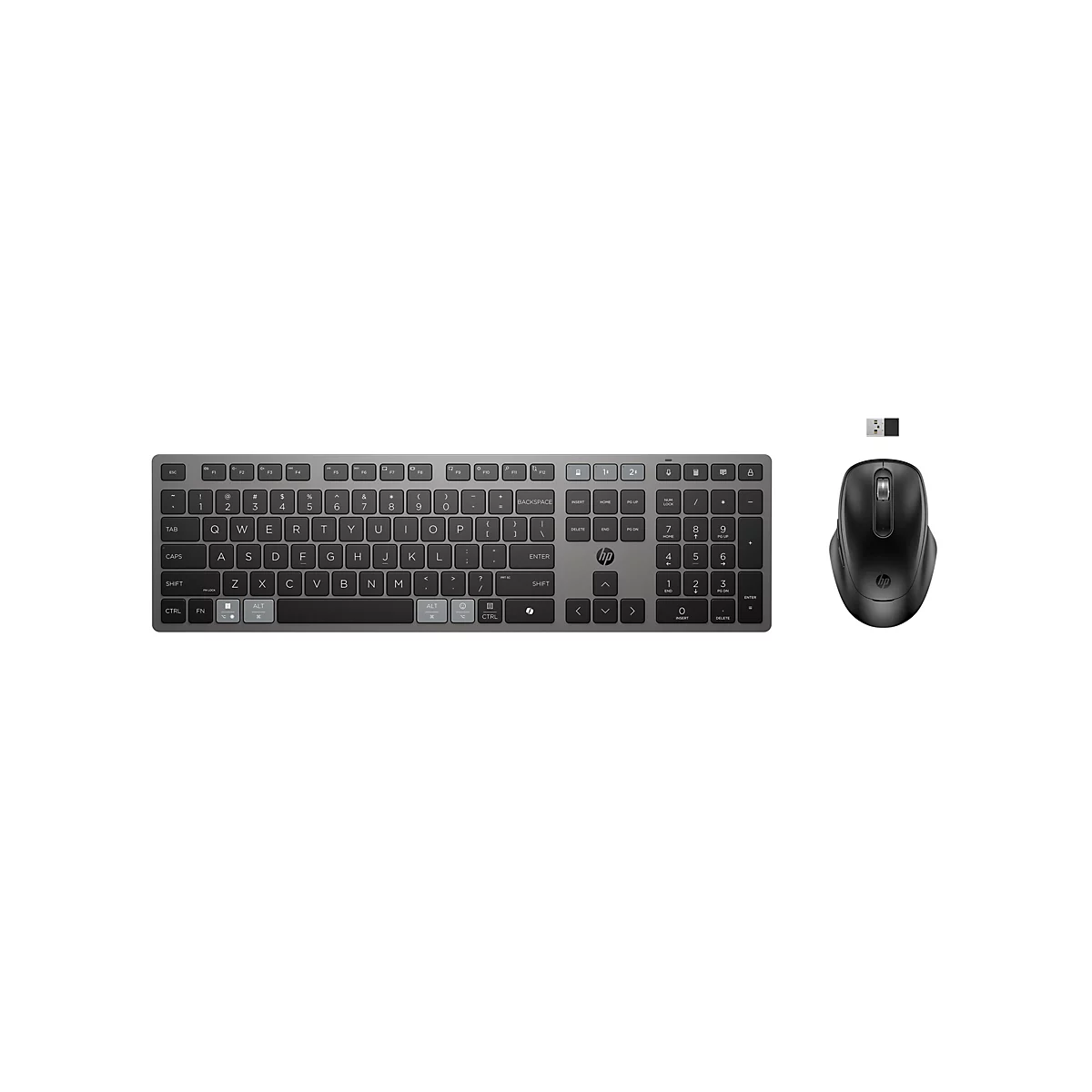 Draufsicht einer schwarzen HP Tastatur mit Ziffernblock und passender, schwarzer kabelloser HP Maus mit USB-Dongle.