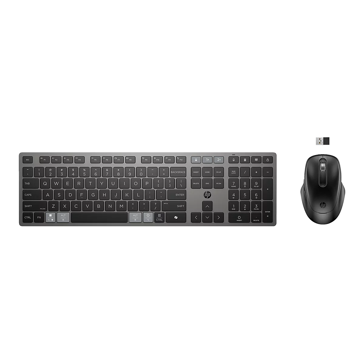 Draufsicht auf ein drahtloses HP-Tastatur- und Maus-Set mit silbernen Tasten und einer schwarzen Maus mit einem USB-Dongle.