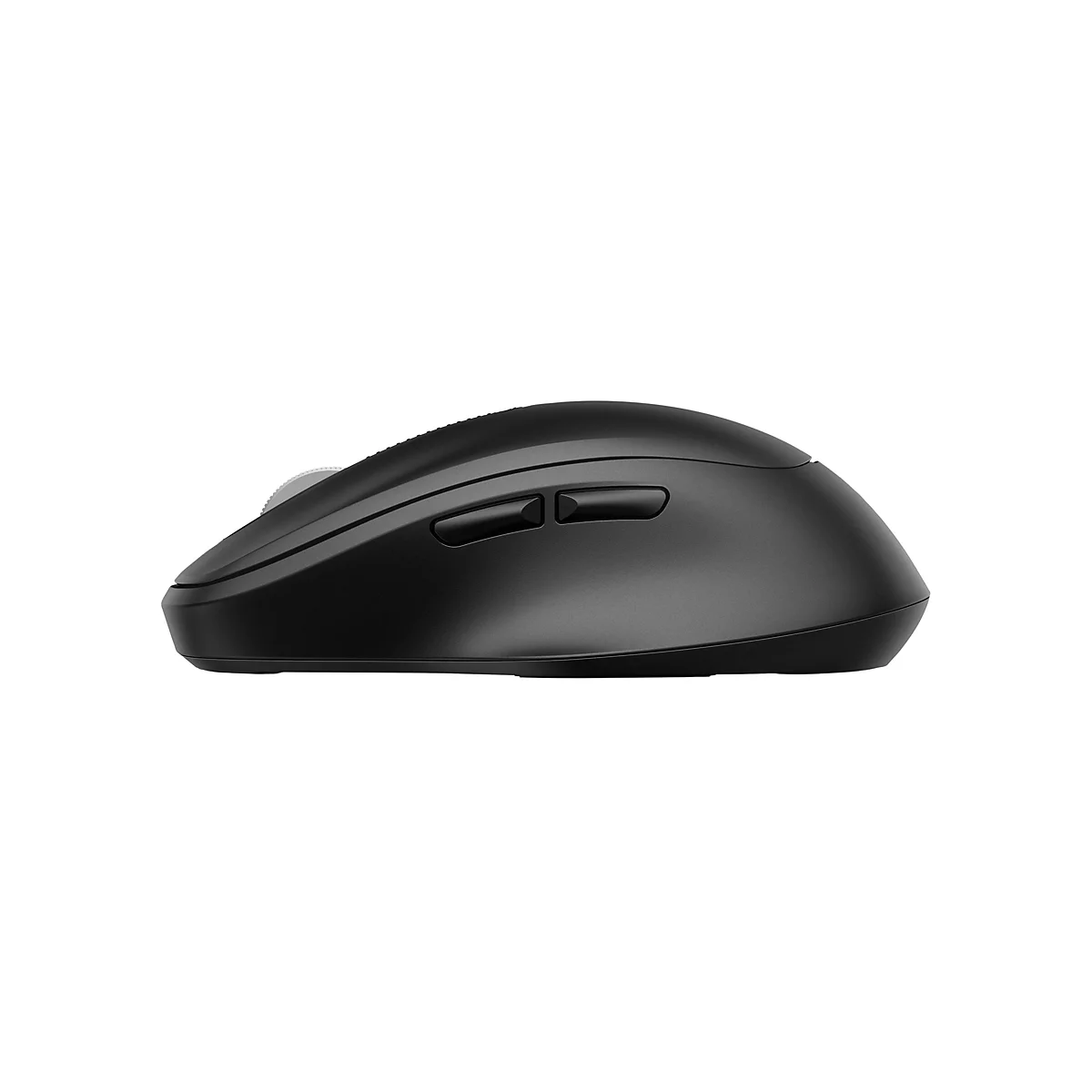 Schwarze, ergonomische Computermaus in Seitenansicht vor weißem Hintergrund.