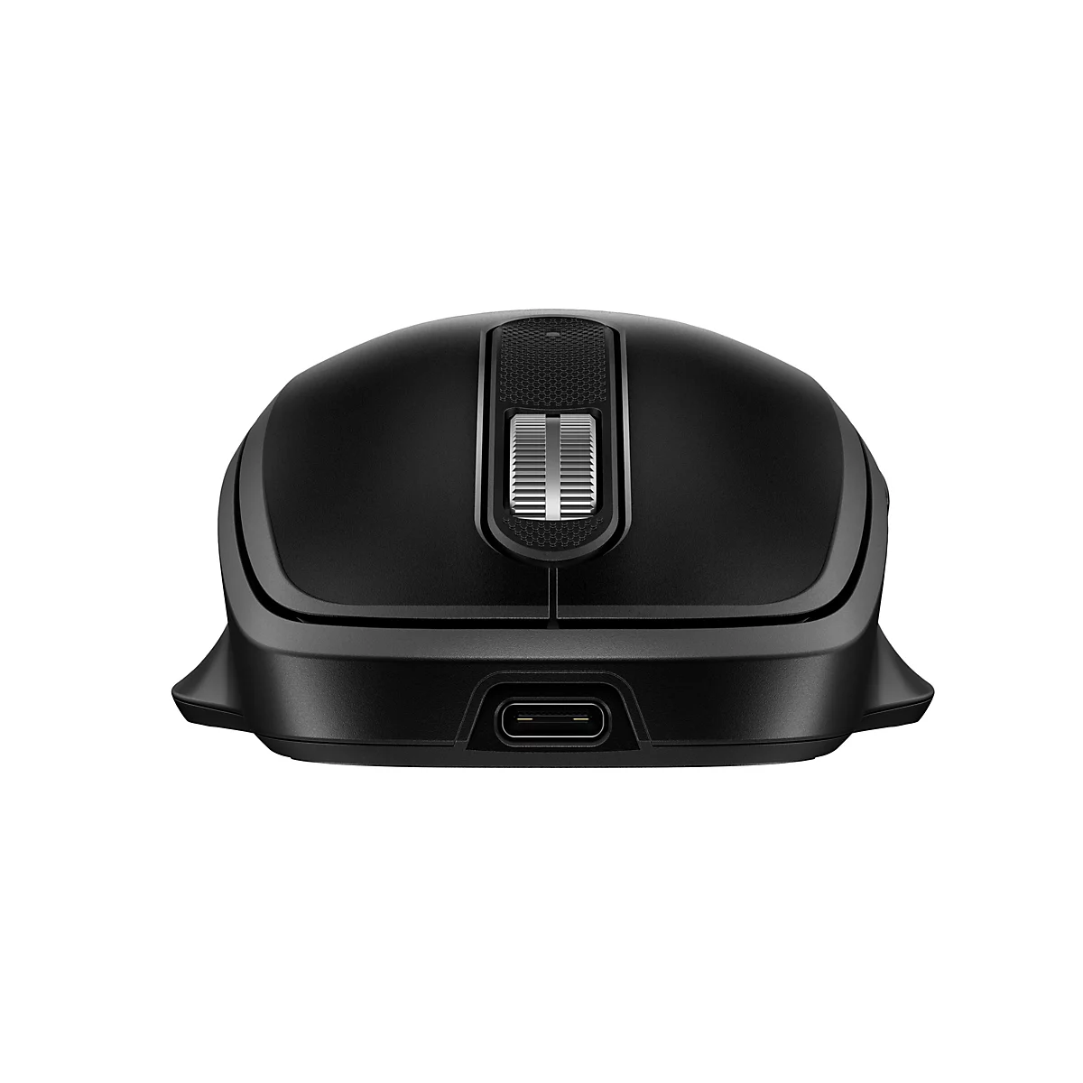 Schwarze kabellose Computermaus von vorne mit silbernem Scrollrad und USB-C-Anschluss.