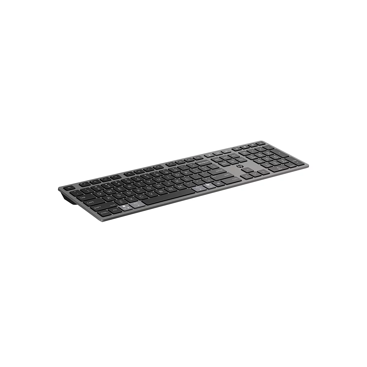 Draufsicht auf eine graue kabellose HP-Tastatur auf weißem Hintergrund.