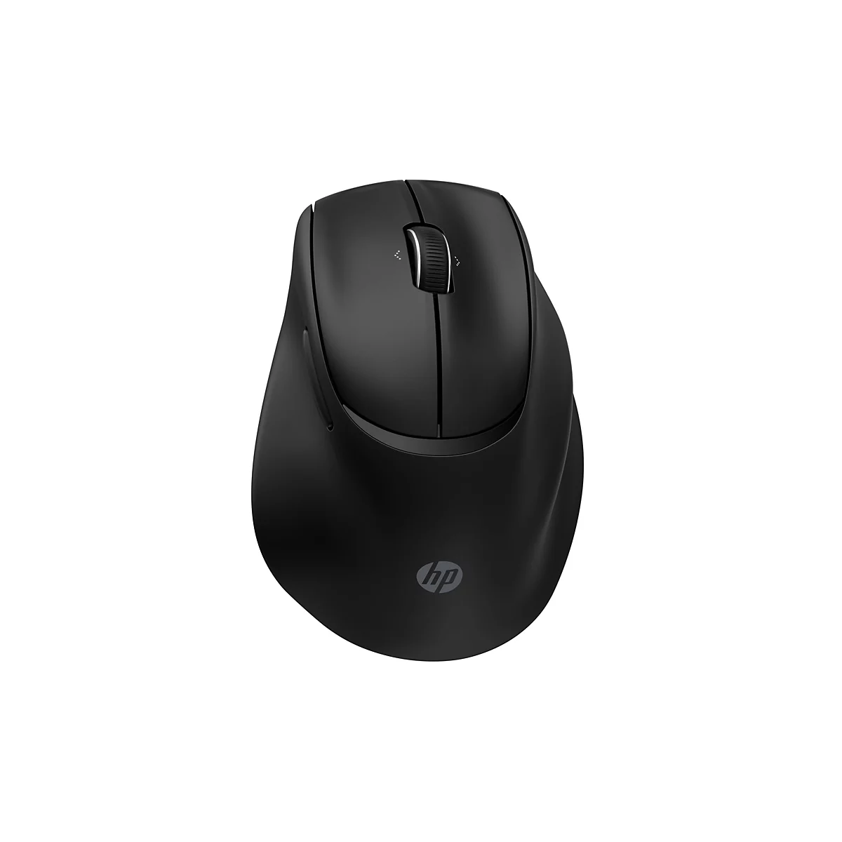 Schwarze, ergonomische HP-Funkmaus vor weißem Hintergrund mit Scrollrad.