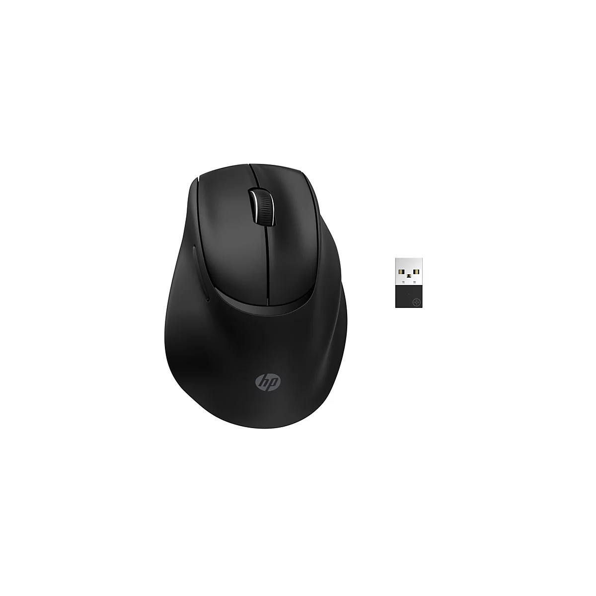 Schwarze kabellose HP Maus mit Scrollrad und passendem USB-Empfänger auf weißem Hintergrund.