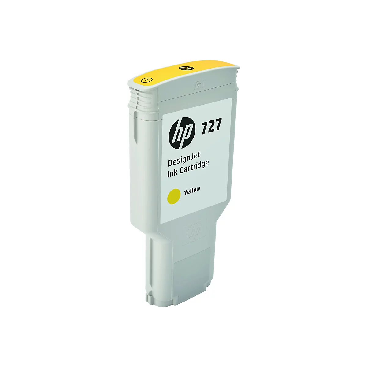Une cartouche d'encre jaune HP 727 DesignJet sur fond blanc, affichant les logos et les informations sur le produit.