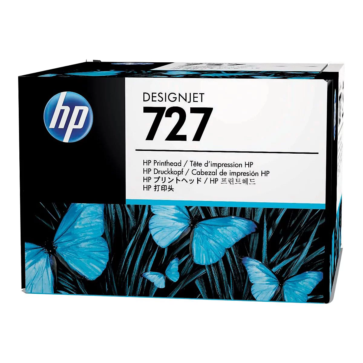 Une cartouche d'encre HP Designjet 727, avec "HP", "727" et différentes langues pour la tête d'impression.