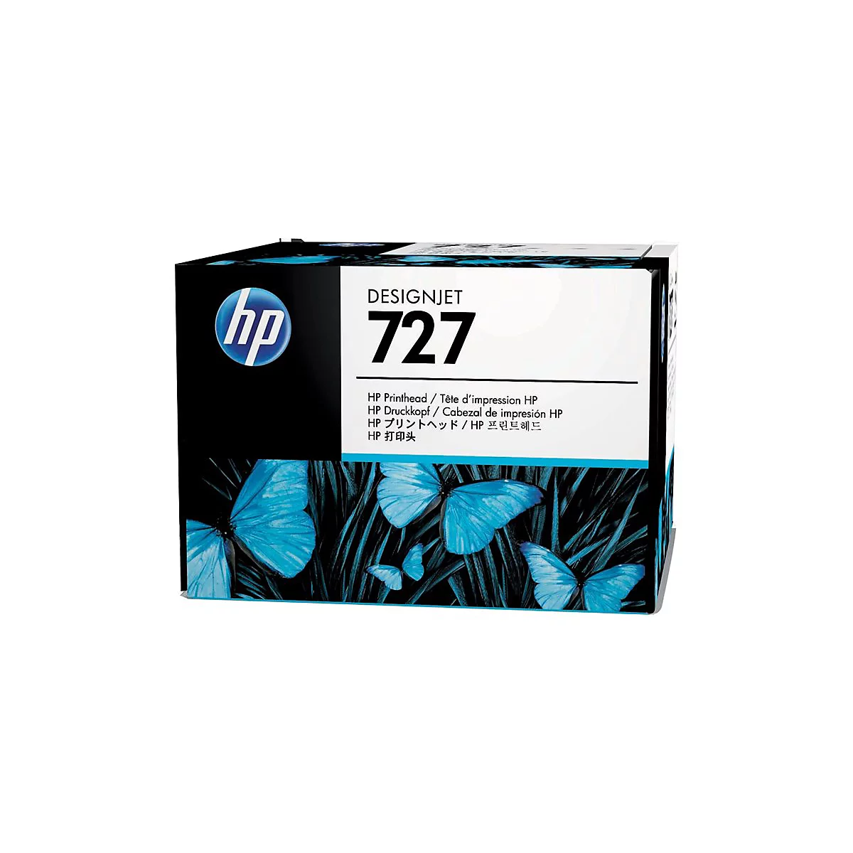 HP Designjet 727 Tintenpatrone, blaue Schmetterlinge. Aufschrift: HP Printhead.