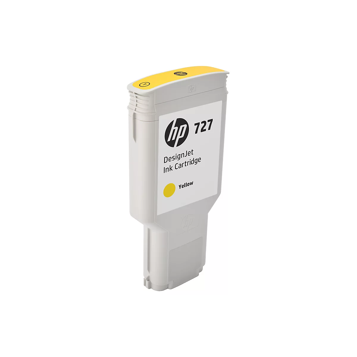Gelbe Tintenpatrone HP 727. Auf der Packung sind das HP-Logo, Produktname und Produktfarbe angegeben.