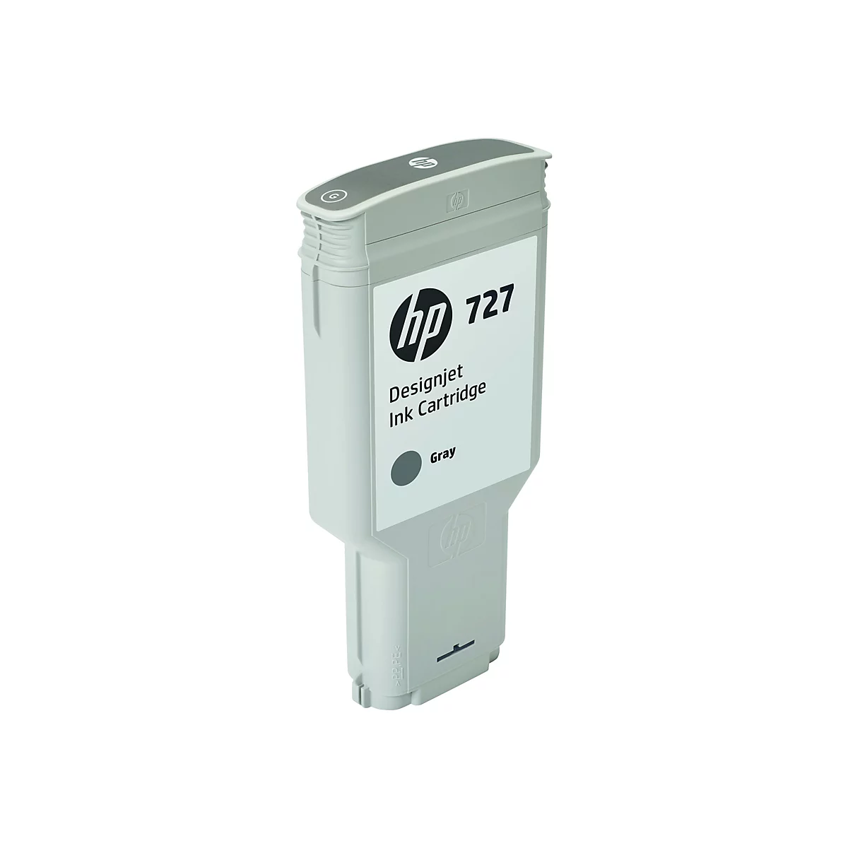 Graue HP Designjet Tintenpatrone 727. Auf weißem Hintergrund.