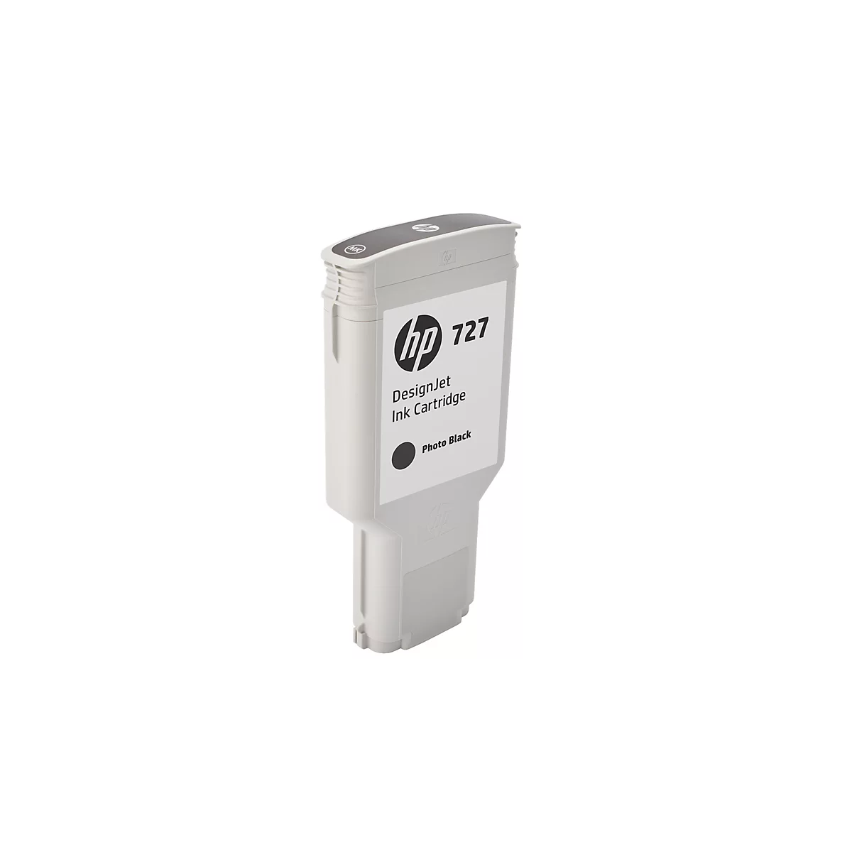 Graue HP 727 Tintenpatrone auf weißem Hintergrund. Schwarze Aufschrift: DesignJet Ink Cartridge, Photo Black.