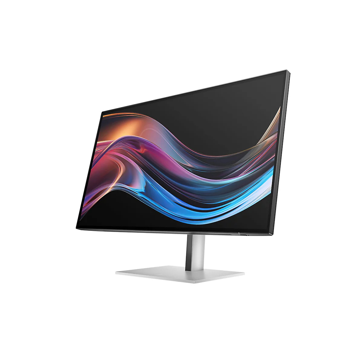 Moderner, schlanker Monitor mit silbernem Standfuß und abstraktem, farbenfrohem Wellen-Displaybild.
