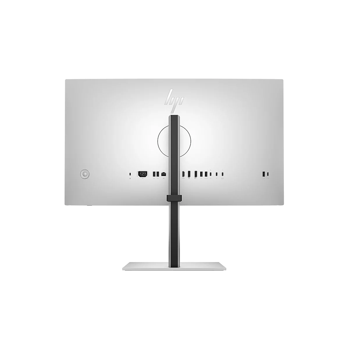 Rückseite eines silbernen HP-Monitors auf einem Standfuß mit zahlreichen Anschlüssen vor weißem Hintergrund.
