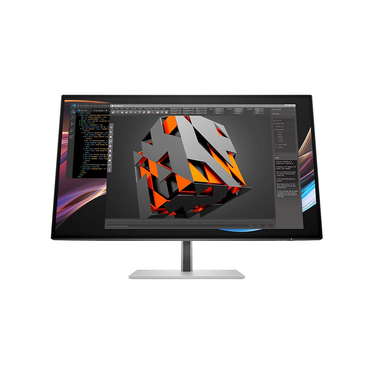 Ein moderner Monitor mit silbernem Standfuß zeigt eine 3D-Design-Software mit abstrakten Formen.