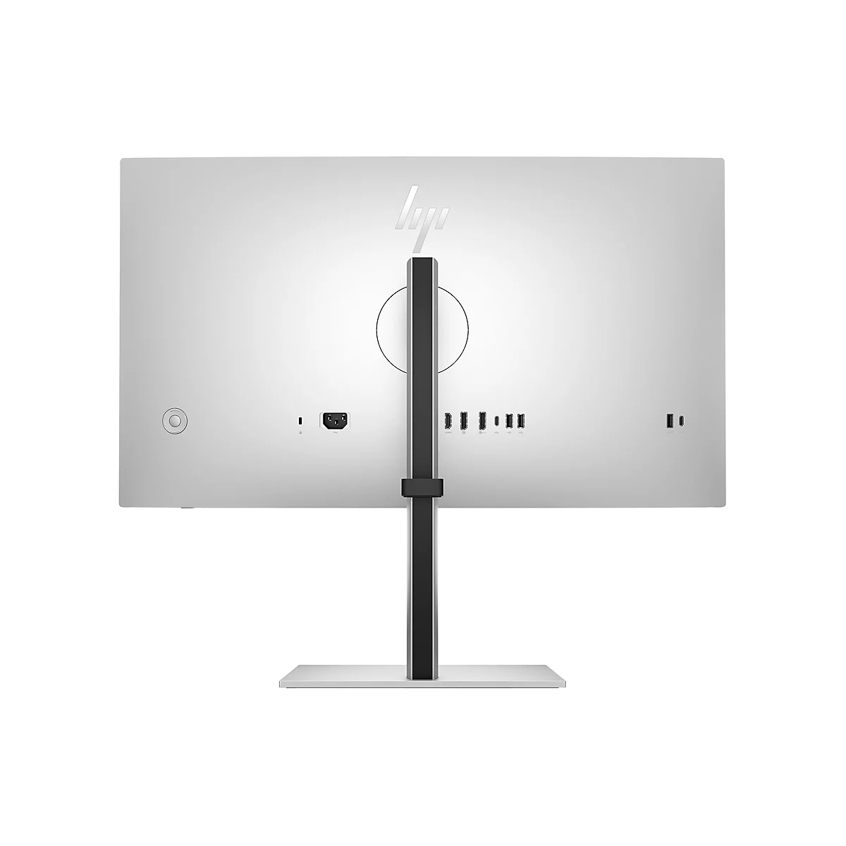 Rückseite eines silbernen HP-Monitors mit zentralem Standfuß und verschiedenen Anschlüssen.