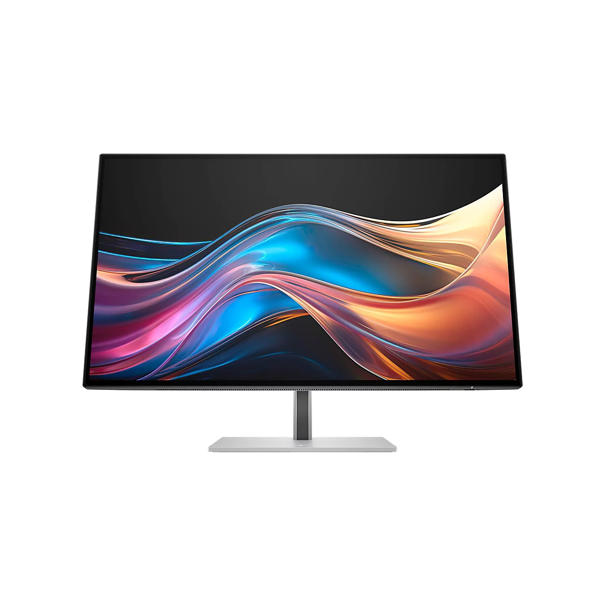 Flacher Computermonitor mit schmalem Rand und abstraktem, buntem Hintergrundbild auf einem silbernen Standfuß.