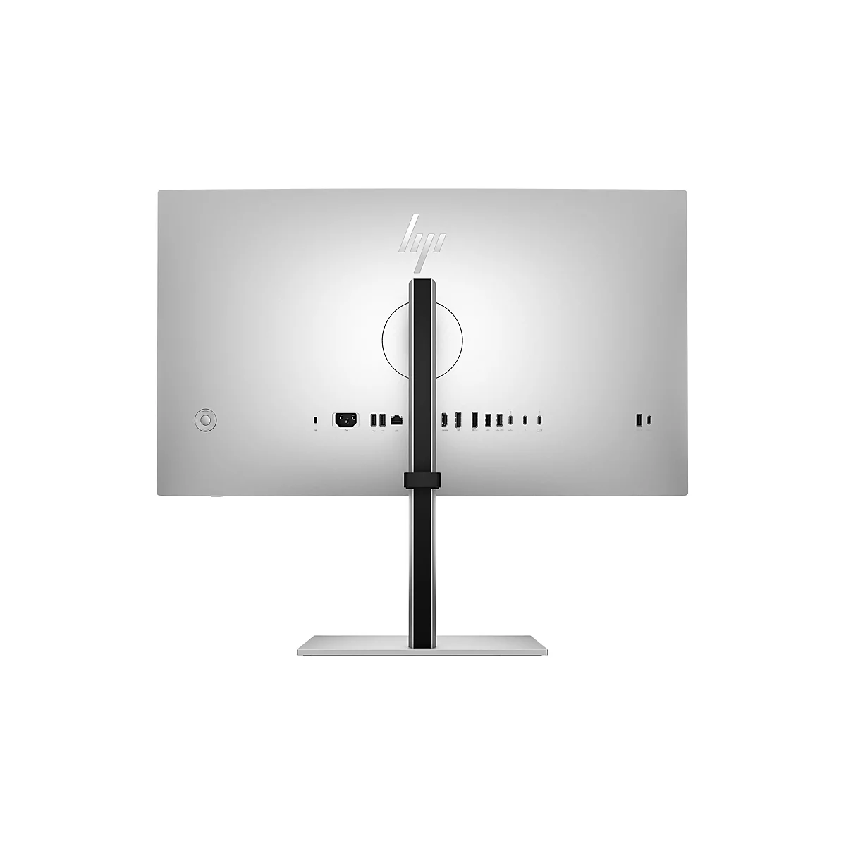 Rückseite eines silbernen HP-Monitors auf einem Standfuß mit verschiedenen Anschlüssen.