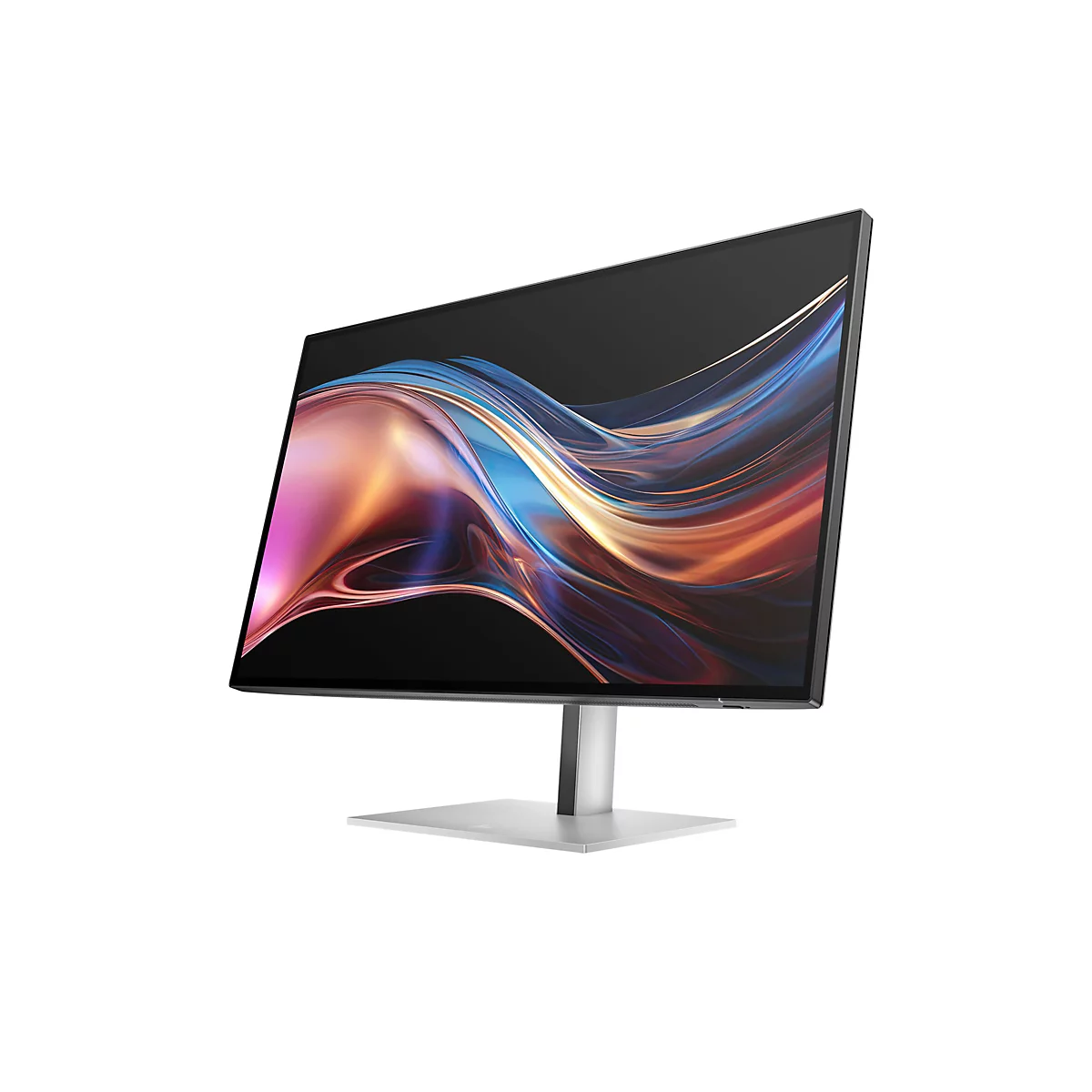 Moderner, schlanker Monitor mit silbernem Standfuß und abstraktem, farbenfrohem Displayhintergrund vor weißem Hintergrund.