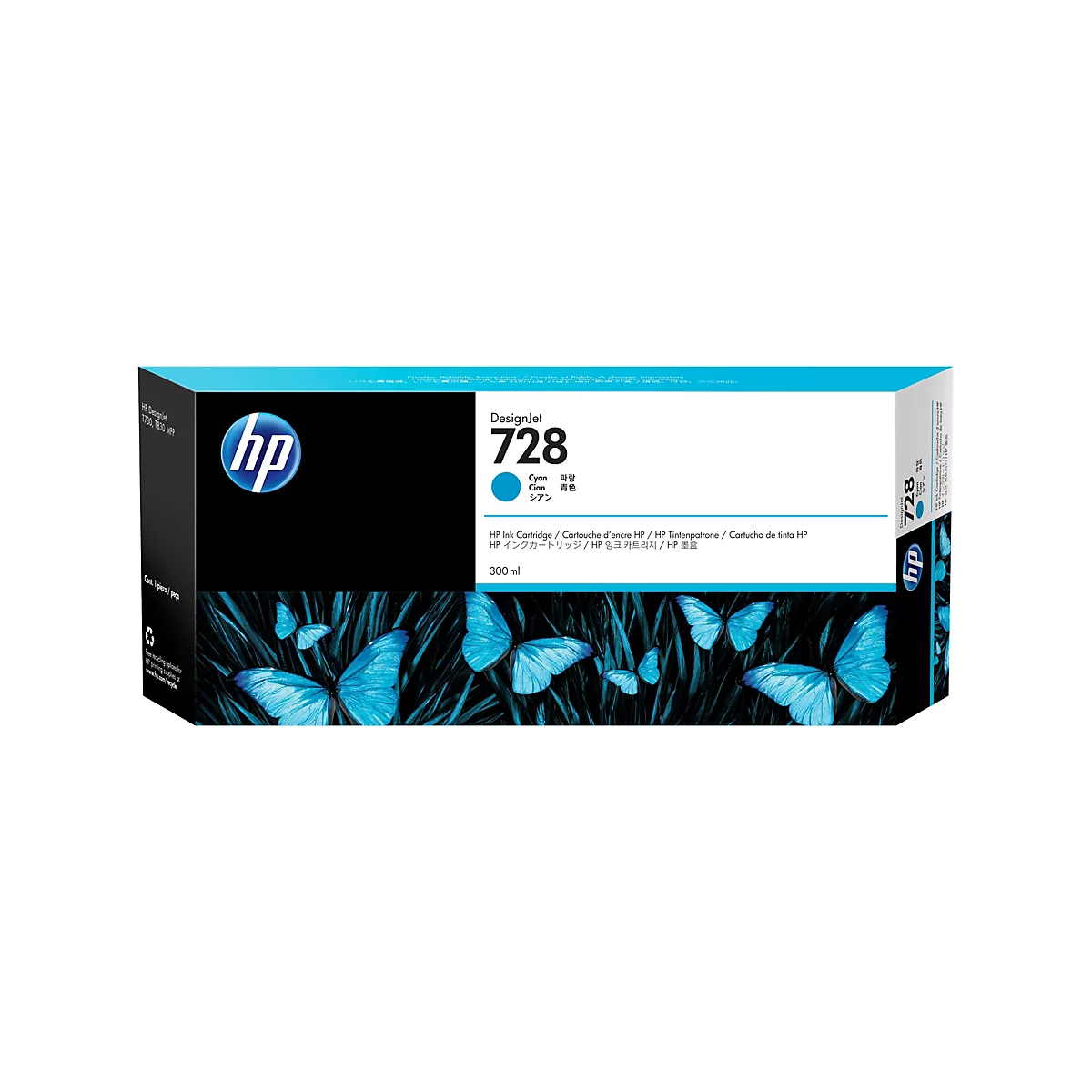 Eine blaue Tintenpatrone der Marke HP, verziert mit Schmetterlingen. Auf der Verpackung steht 'DesignJet 728' und 'Cyan'.