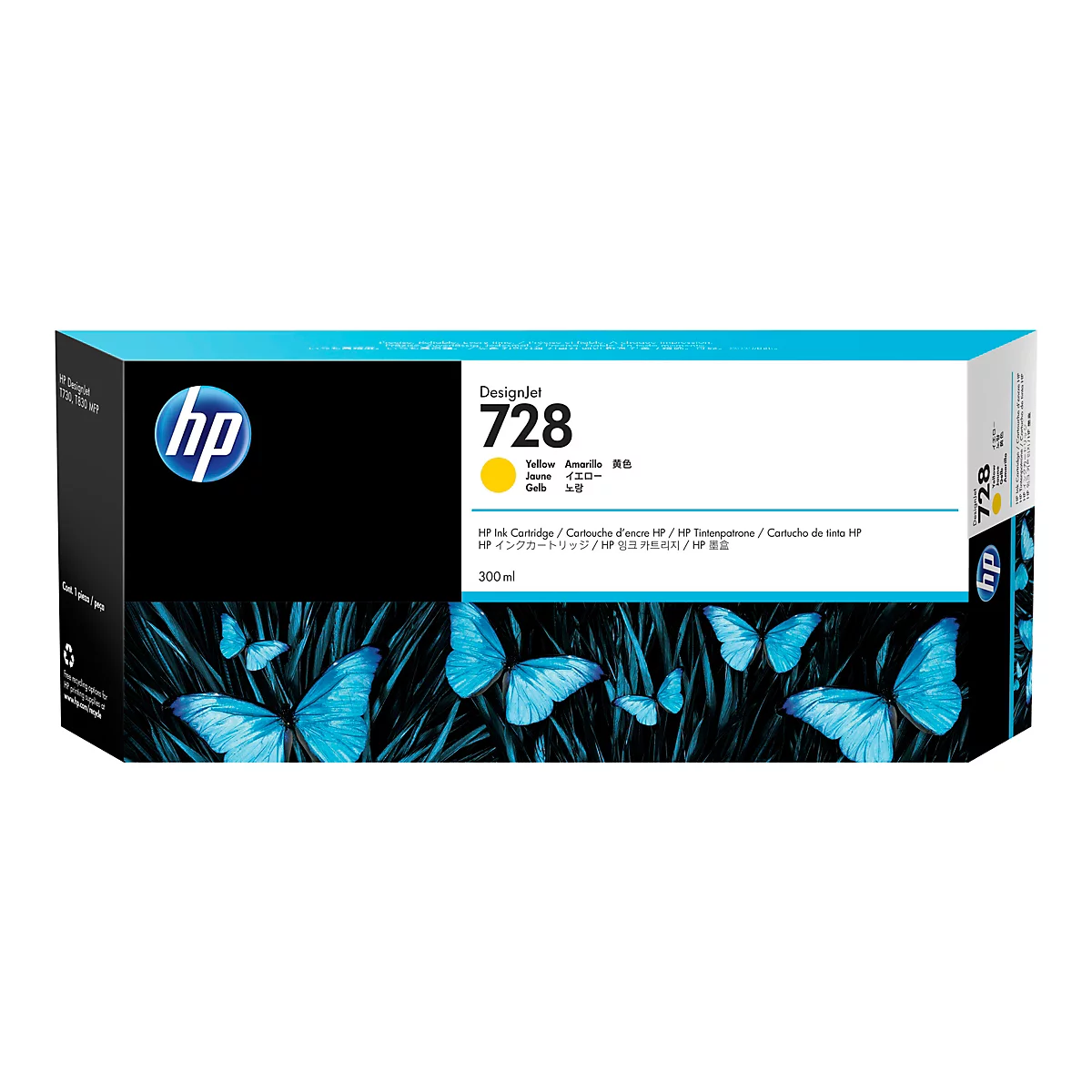 Gelbe HP Designjet 728 Tintenpatrone, vor einem Hintergrund mit blauen Schmetterlingen.
