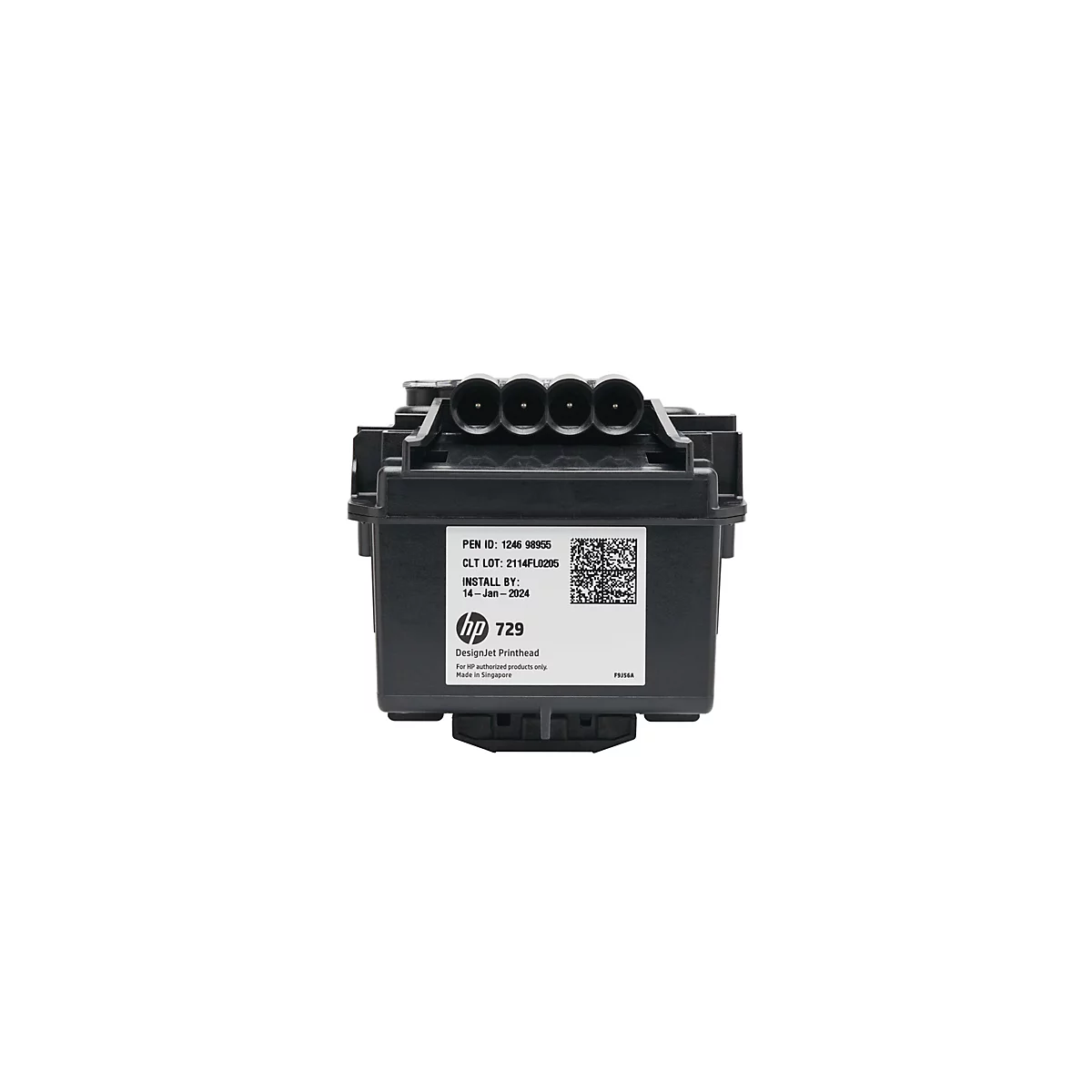 Schwarzer HP DesignJet 729 Druckkopf mit Etikett und Text. Oberhalb befinden sich mehrere runde Öffnungen.