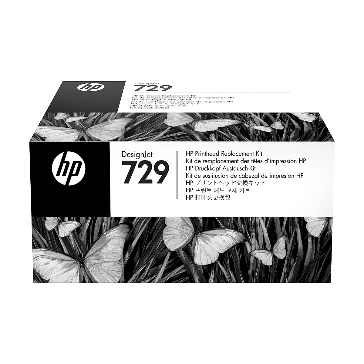 HP DesignJet 729 Ersatzteilkit. Schwarzer Karton mit dem HP Logo und Produktinformationen. Im Hintergrund Schmetterlinge auf einer dunklen, blättrigen Fläche.