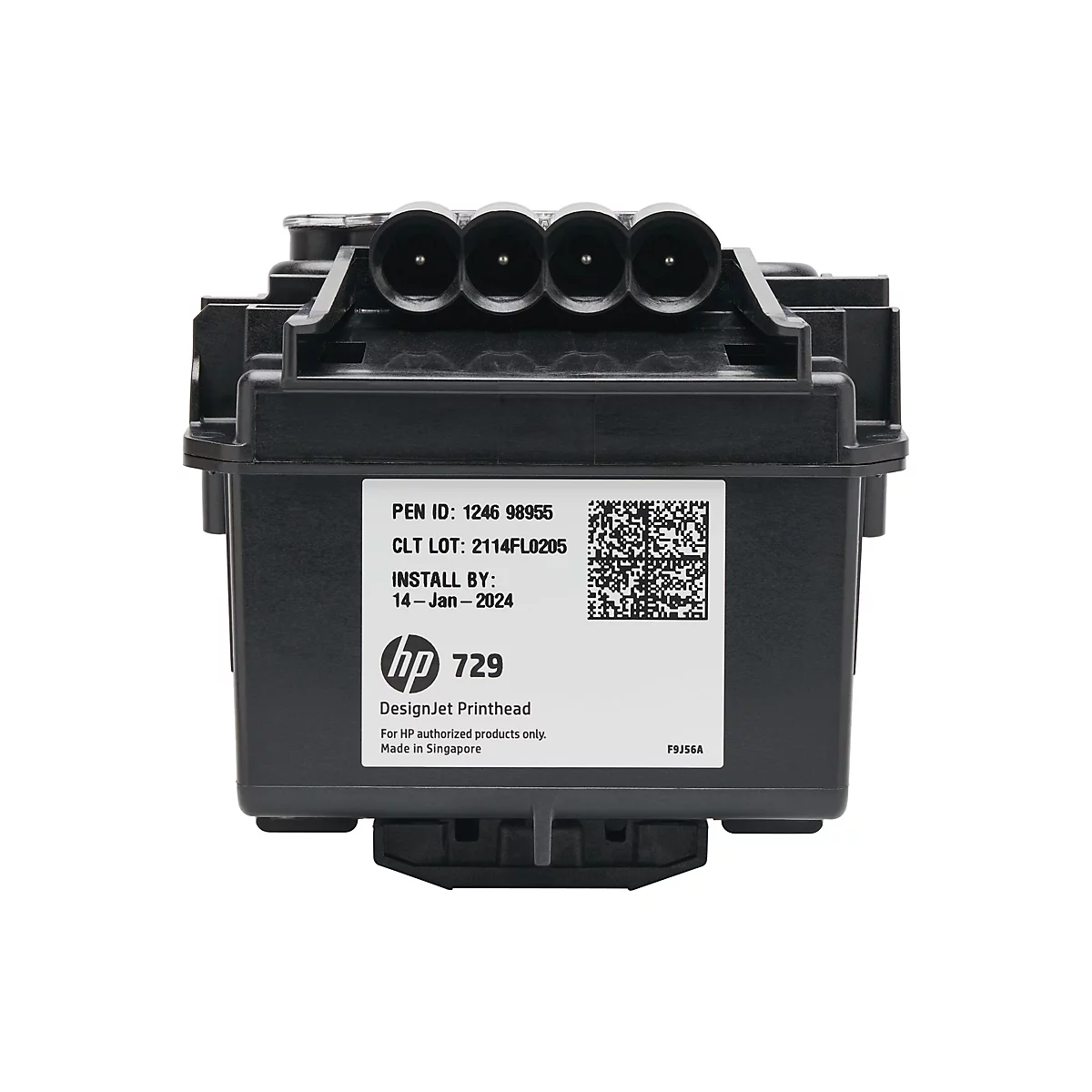 Schwarzer DesignJet Printhead 729 von HP mit Textinformationen, u.a. „Install By: 14-Jan-2024“
