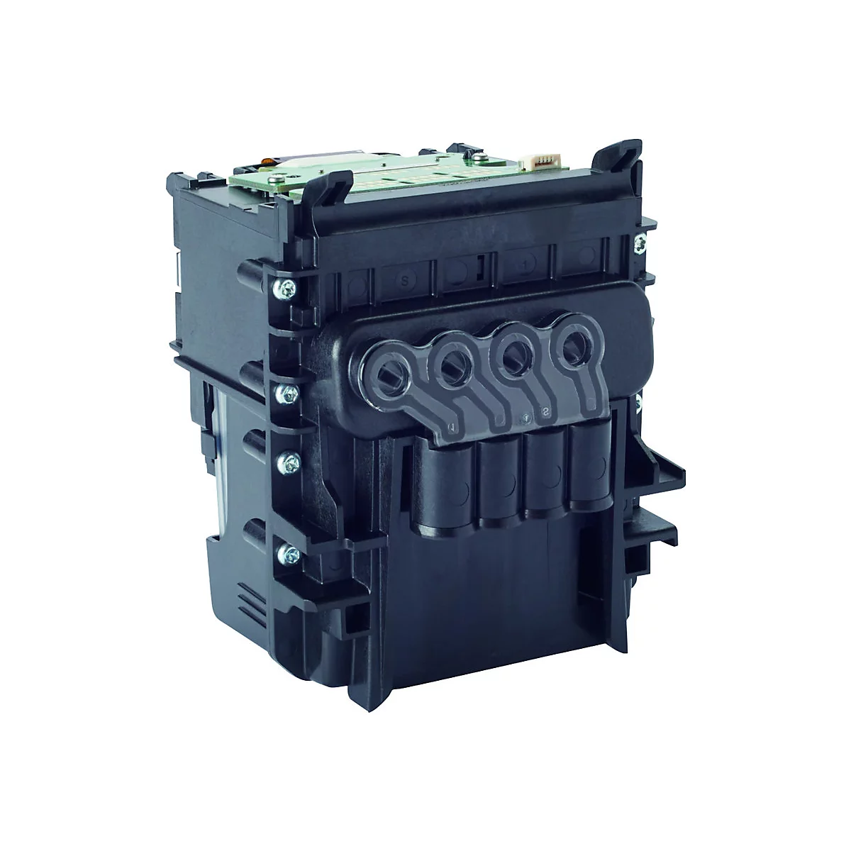 Schwarzer Druckkopf, technische Komponente mit kreisförmigen Düsen und elektronischen Elementen, isoliert vor weißem Hintergrund.