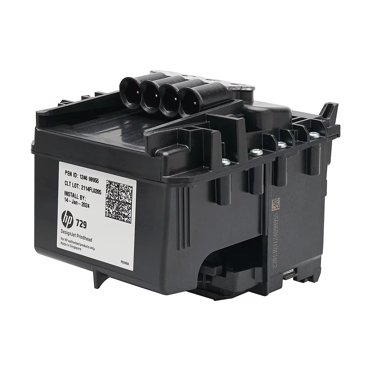 Schwarzer Tintenpatronenkopf mit runden Öffnungen und weißem Etikett mit Text. Aufgedruckt sind die Logos von "hp" und "729".