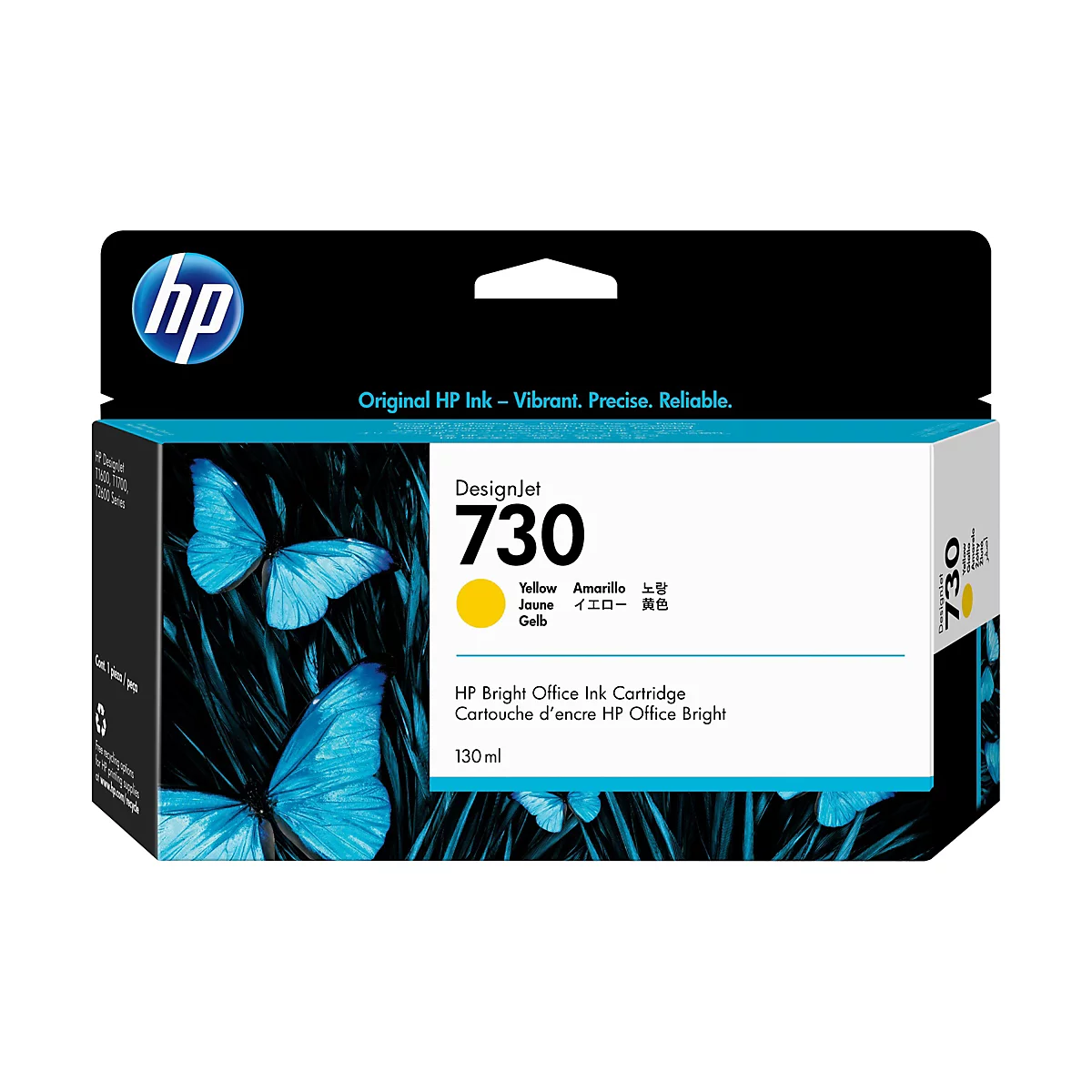 Une cartouche d'encre pour l'imprimante HP DesignJet 730. L'emballage montre le logo HP, le nom du produit et des papillons bleus.