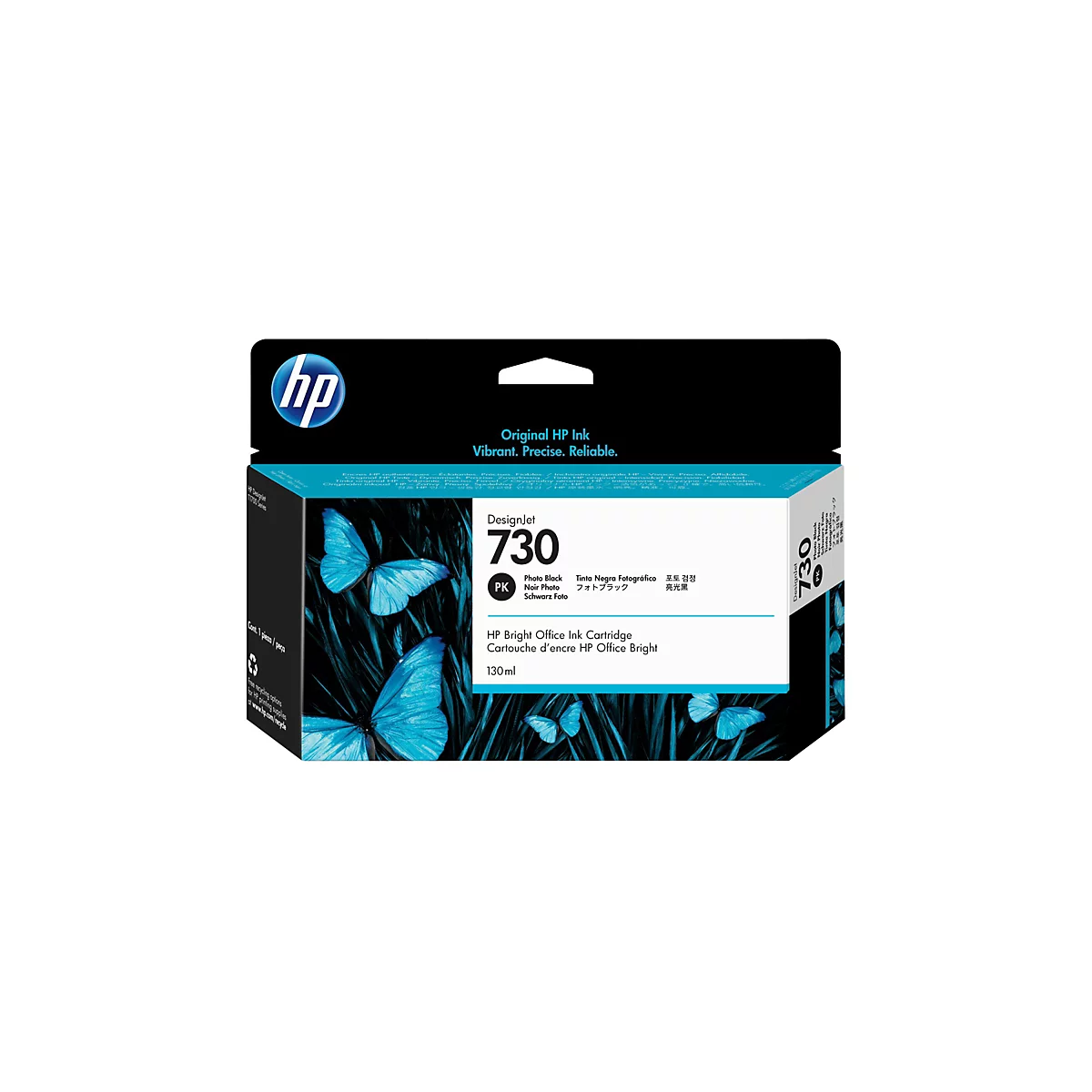 Eine Tintenpatrone von HP, mit blau-schwarzem Hintergrund und blauen Schmetterlingen. Auf der Packung stehen Produktinformationen, darunter der Schriftzug "Designjet 730".