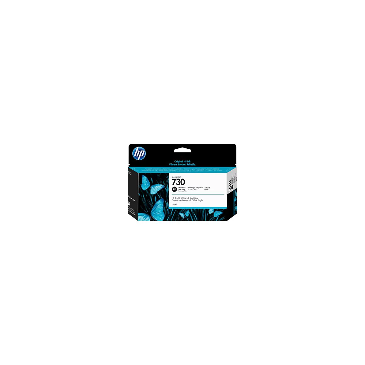 HP Tintenpatrone, Designjet 730, mit blauen Schmetterlingen. Aufdrucke: HP, Original HP Ink, 130ml.