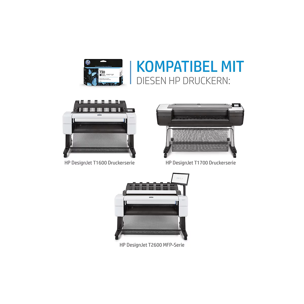 Ein Bild zeigt eine Tintenpatrone und drei Großformatdrucker mit der Aufschrift „KOMPATIBEL MIT DIESEN HP DRUCKERN“.
