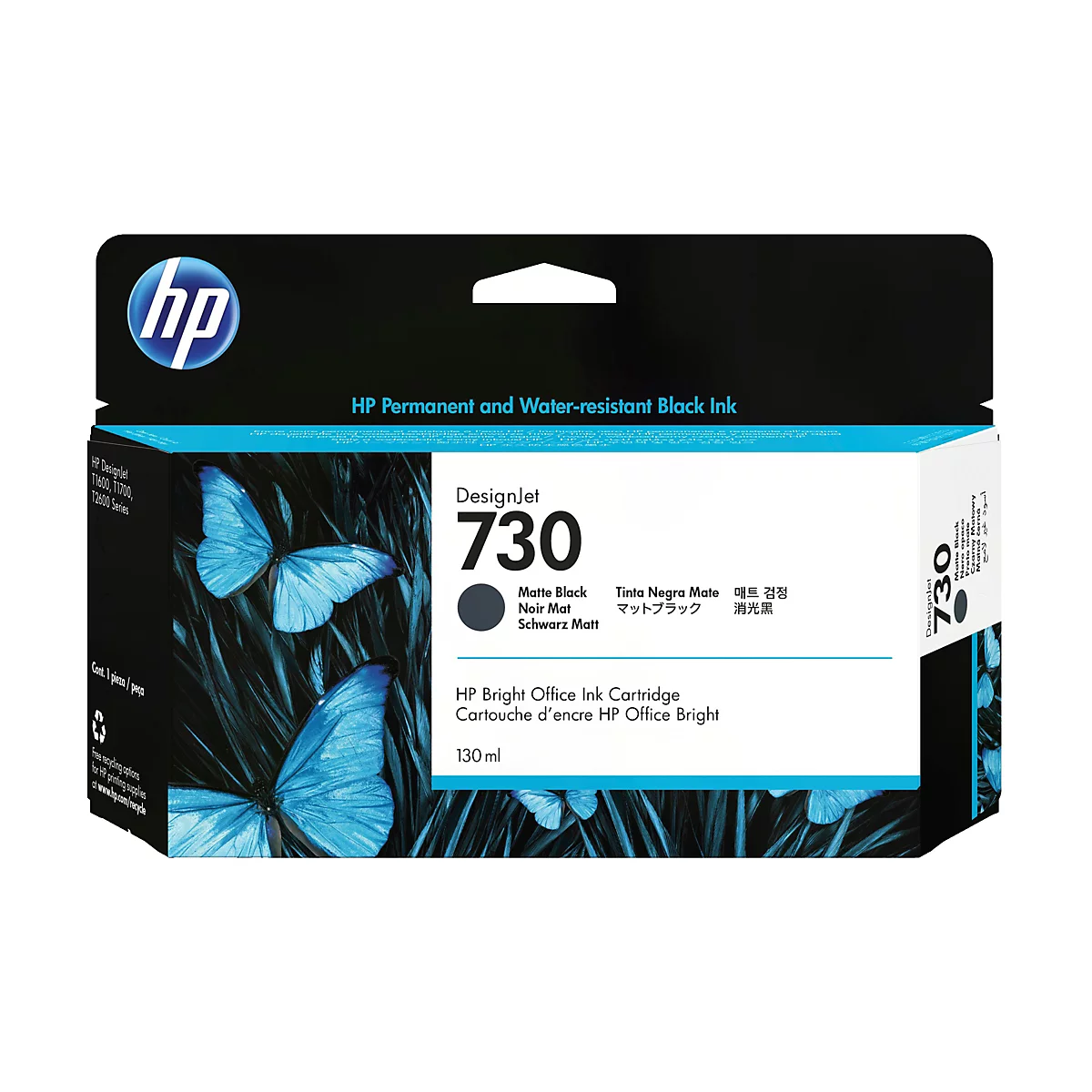 Eine HP Tintenpatrone für Designjet 730 mit dem Logo des Herstellers und Schmetterlings-Dekor. Aufdrucke: Matte Black, 130 ml.