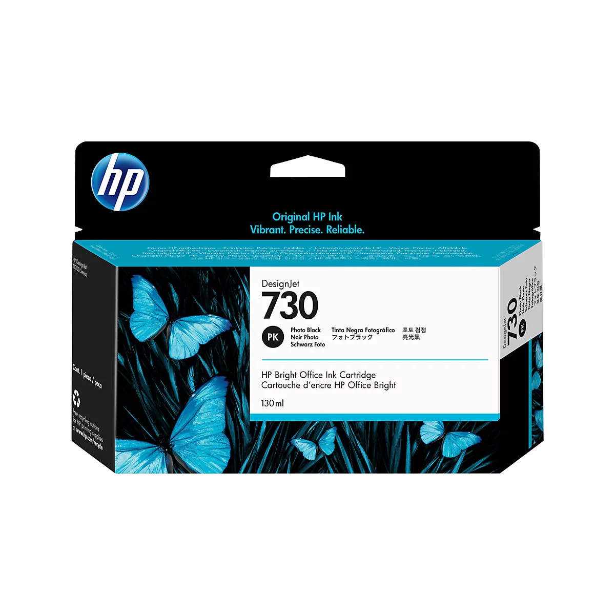 Verpackung einer HP Designjet 730 Tintenpatrone mit Schmetterlingen auf tÃ¼rkisfarbenem Hintergrund. Text: Original HP Ink.