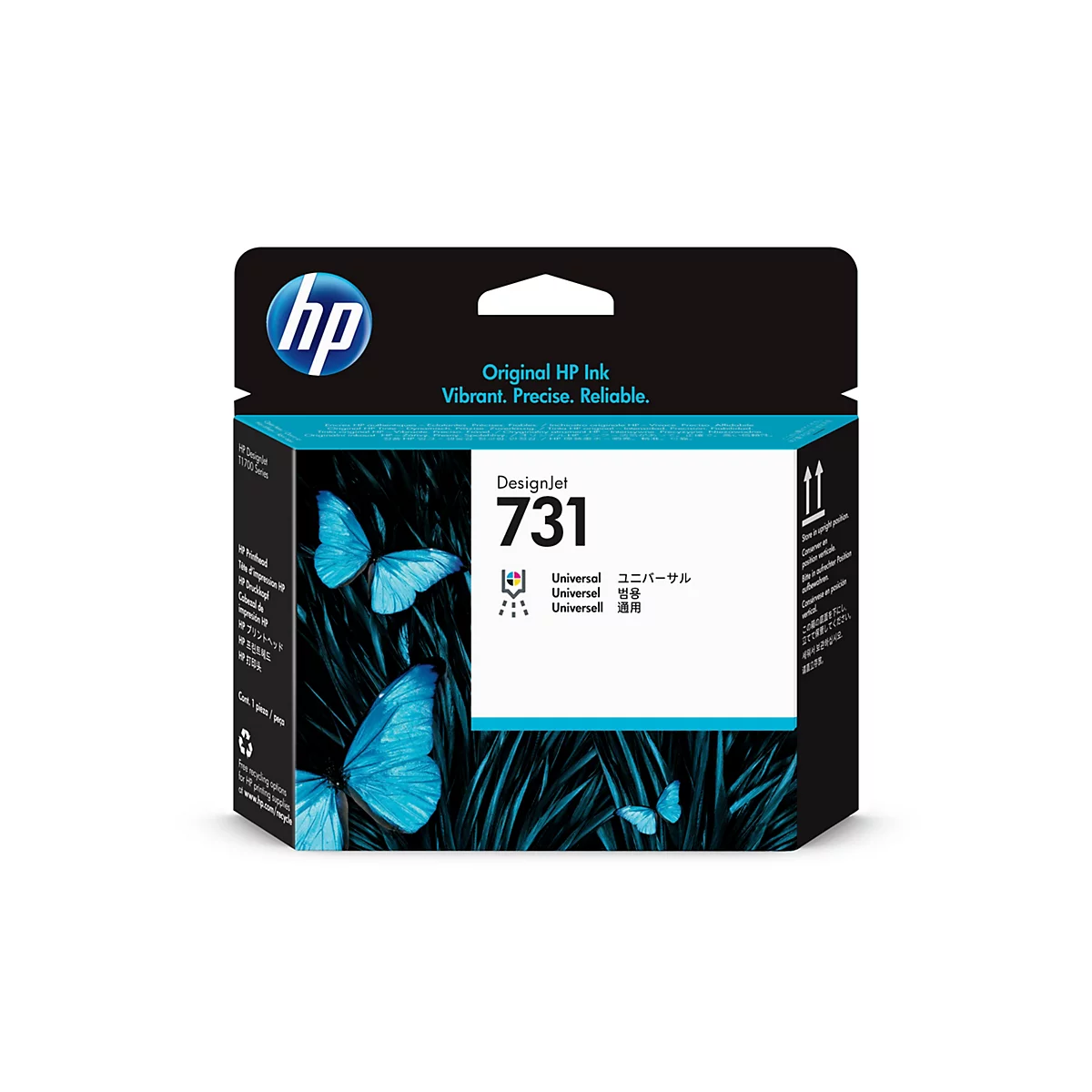 Eine Produktverpackung der Marke HP. Auf der Verpackung befinden sich blaue Schmetterlinge vor einem dunklen Hintergrund. Oben links das HP-Logo, rechts Schriftzug „Original HP Ink. Vibrant. Precise. Reliable.“ Darüber „DesignJet 731“.